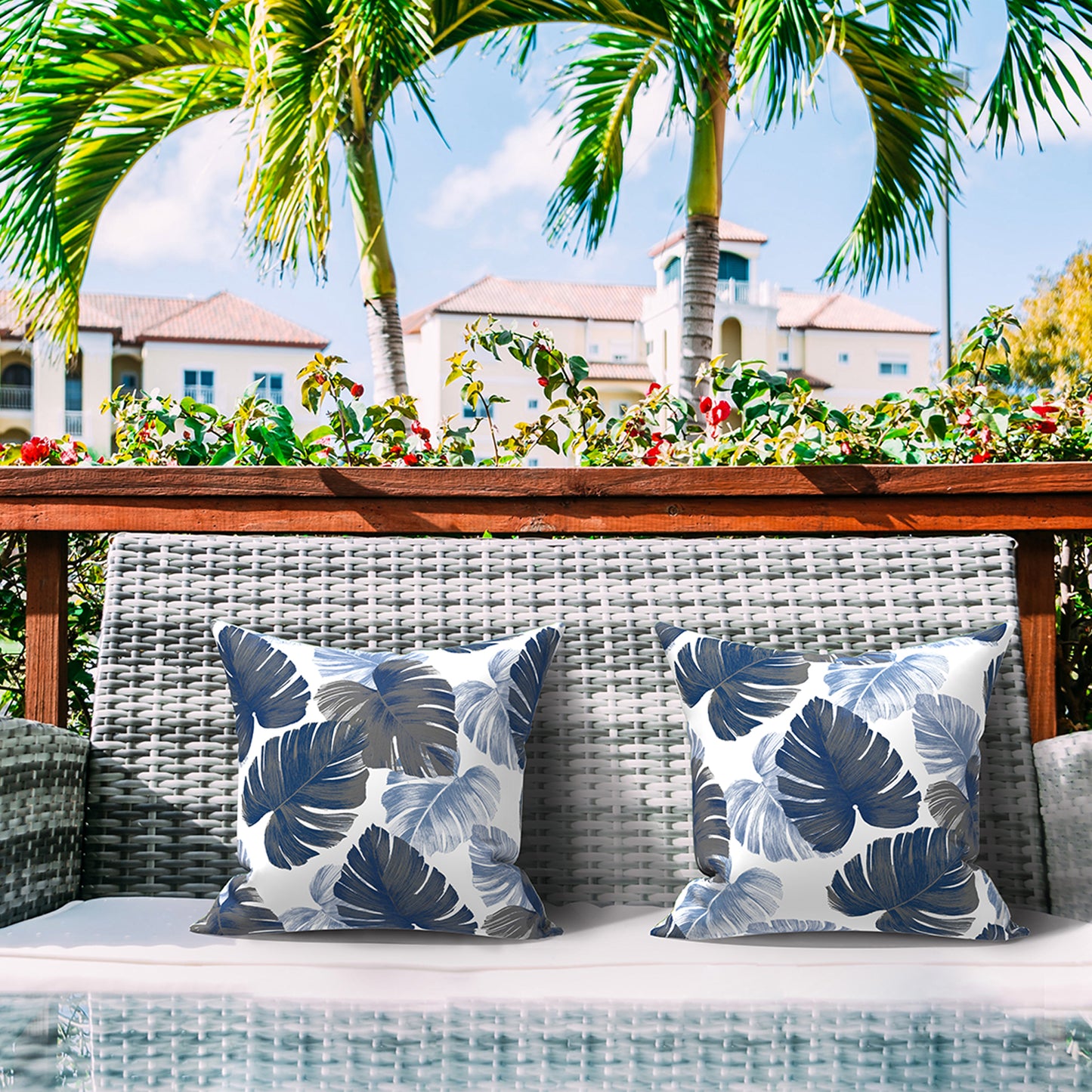 Melody Elephant Patio Throw Pillows with Inners, Fade Resistant Square Pillow Pack of 2, Decorative Garden Cushions for Home, 18x18 Inch, Monstera Blue
