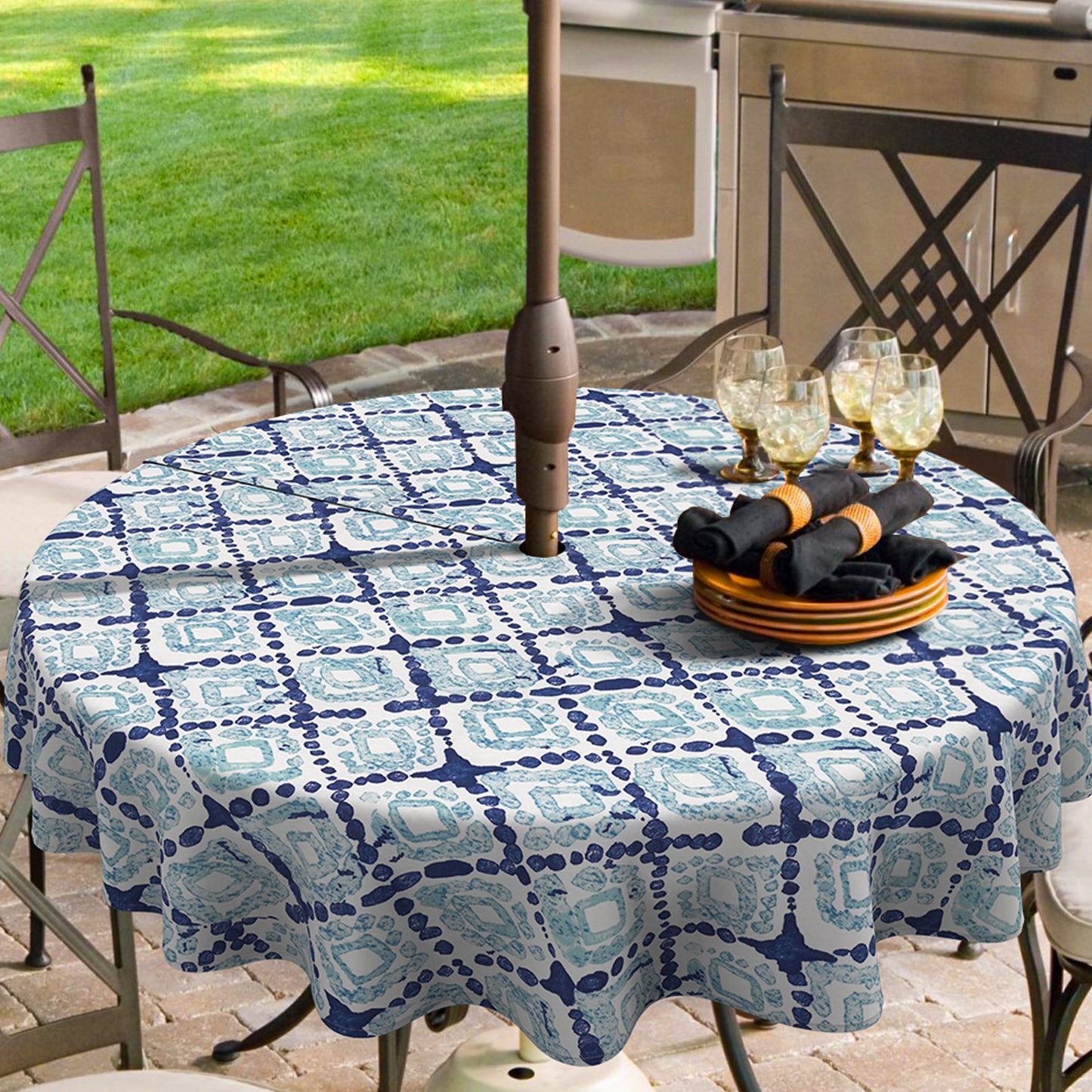 Melody Elephant Outdoor/Indoor Round Tablecloth with Umbrella Hole Zipper, Decorative Circular Table Cover for Home Garden, 60 Inch, Boho Geometry Blue