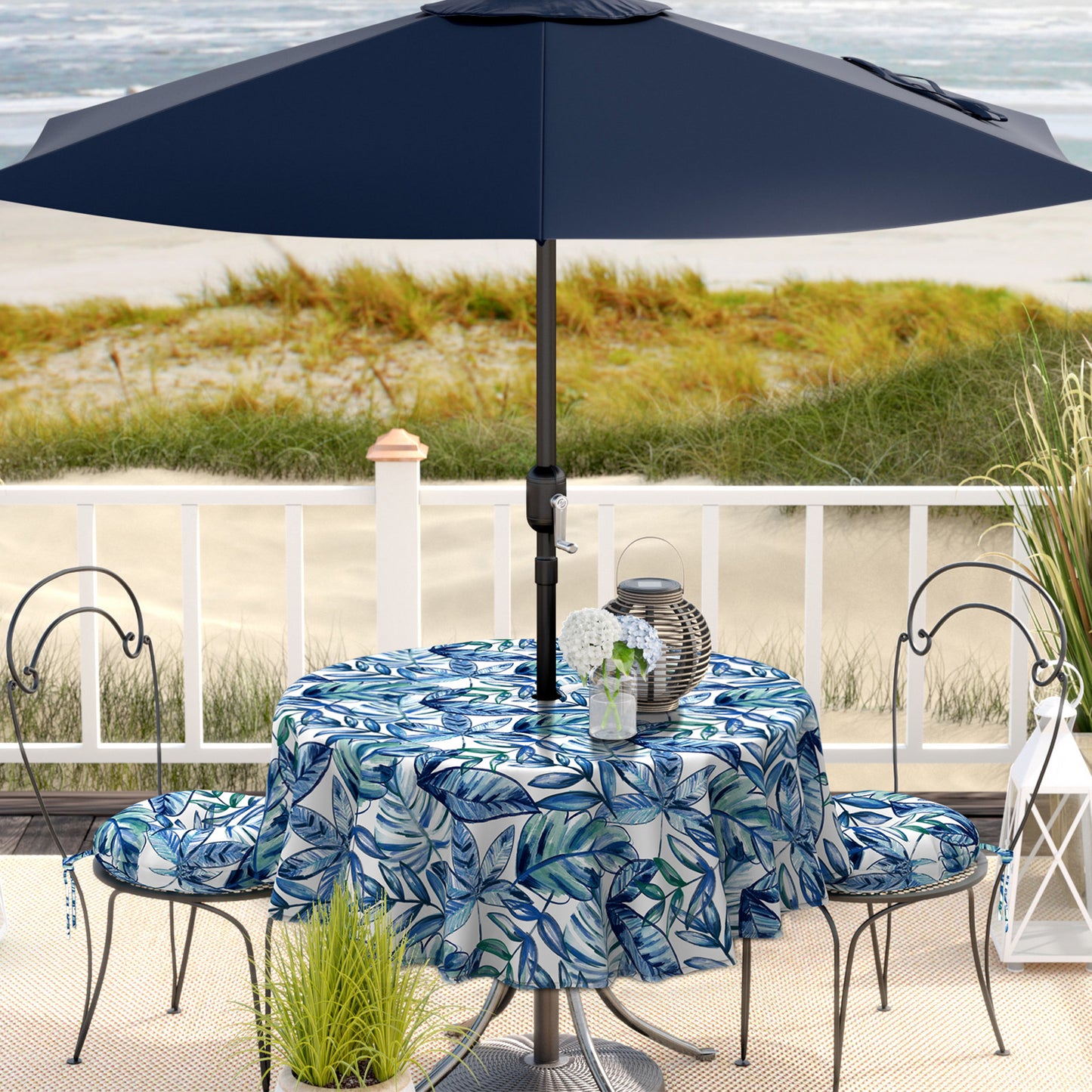 Melody Elephant Outdoor/Indoor Round Tablecloth with Umbrella Hole Zipper, Decorative Circular Table Cover for Home Garden, 60 Inch, Leaves Ink Blue