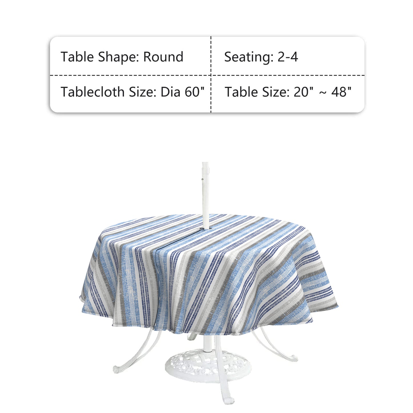 Melody Elephant Outdoor/Indoor Round Tablecloth with Umbrella Hole Zipper, Decorative Circular Table Cover for Home Garden, 60 Inch, Stripe Layered Blue