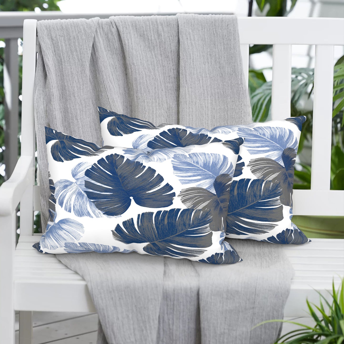 Melody Elephant Pack of 2 Outdoor Lumbar Pillow Covers, All Weather Cushion Pillow Cases 12x20 Inch, Pillowcase for Patio Couch Decoration, Monstera Blue