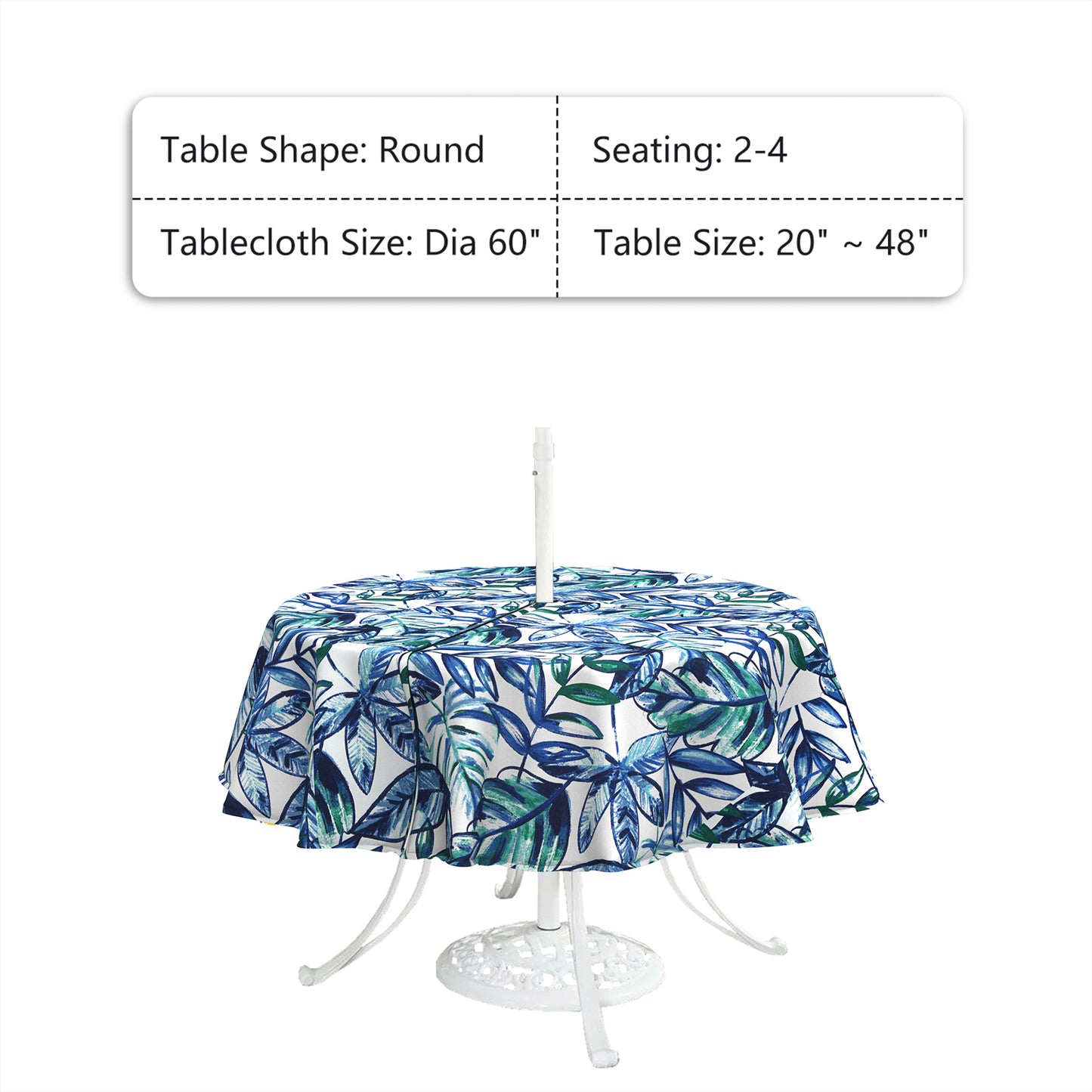 Melody Elephant Outdoor/Indoor Round Tablecloth with Umbrella Hole Zipper, Decorative Circular Table Cover for Home Garden, 60 Inch, Leaves Ink Blue