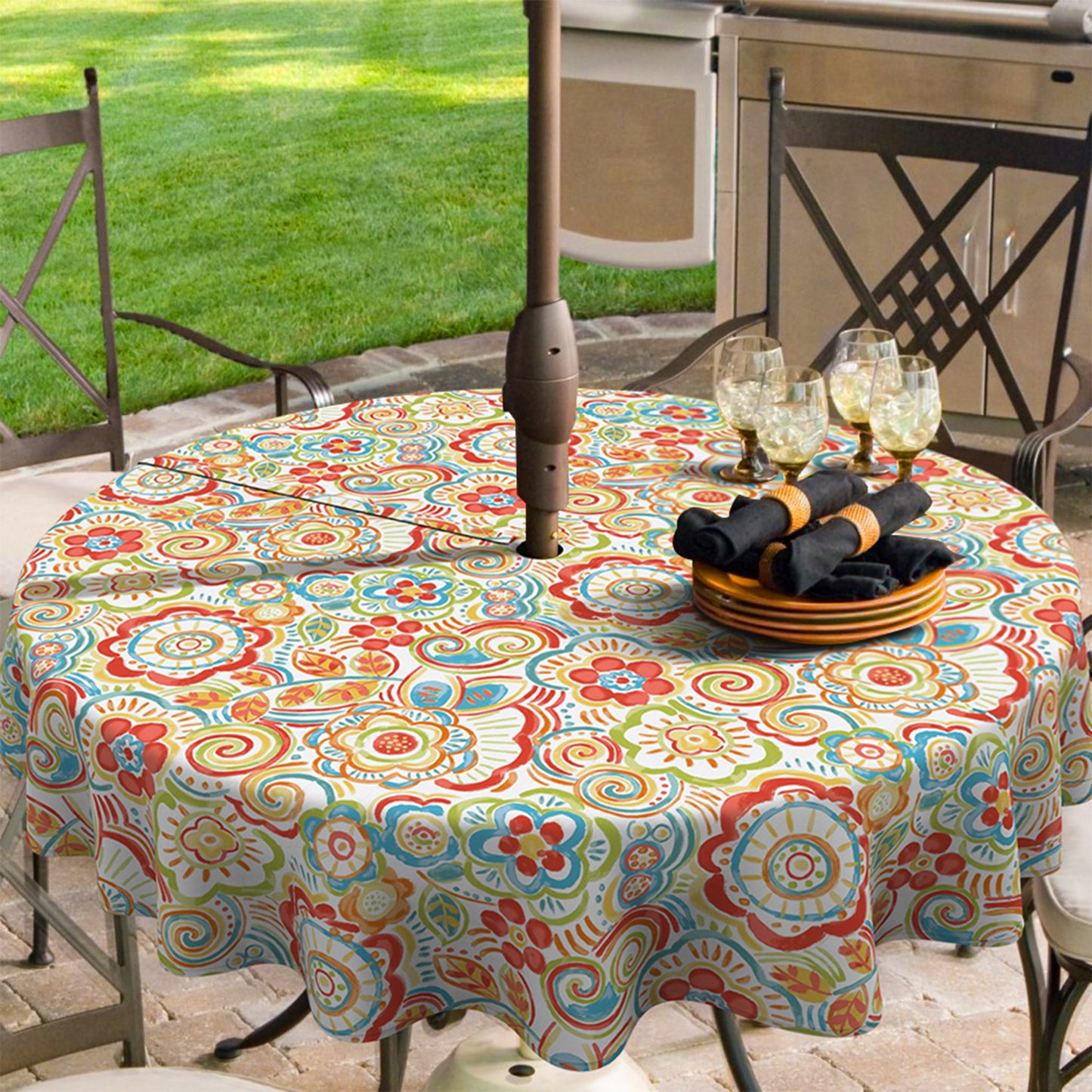 Melody Elephant Outdoor/Indoor Round Tablecloth with Umbrella Hole Zipper, Decorative Circular Table Cover for Home Garden, 60 Inch, Flower Multi