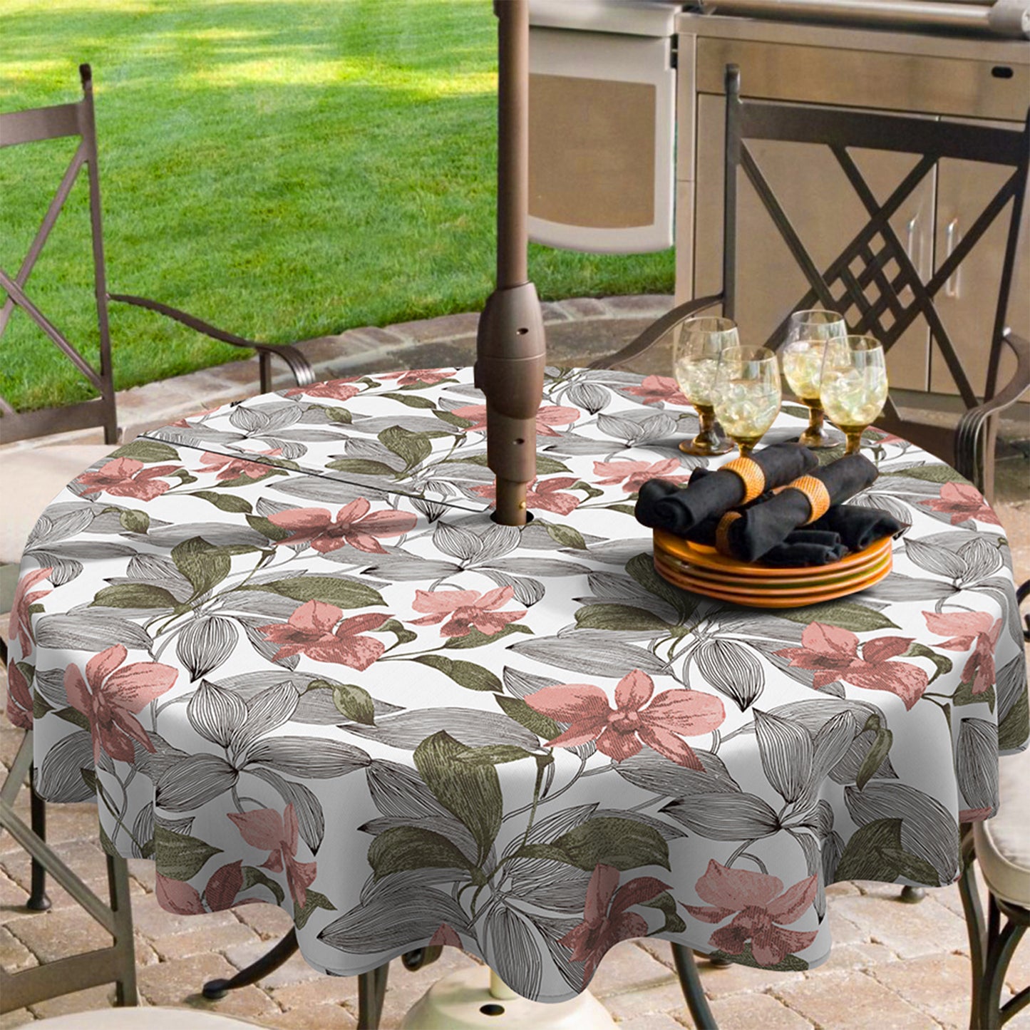 Melody Elephant Outdoor/Indoor Round Tablecloth with Umbrella Hole Zipper, Decorative Circular Table Cover for Home Garden, 60 Inch, Clemens Noir Pink
