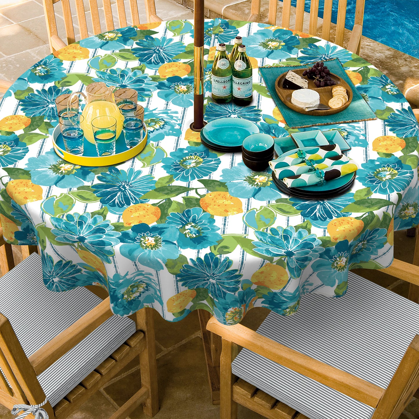 Melody Elephant Outdoor/Indoor Round Tablecloth with Umbrella Hole Zipper, Decorative Circular Table Cover for Home Garden, 60 Inch, Lotus Blue