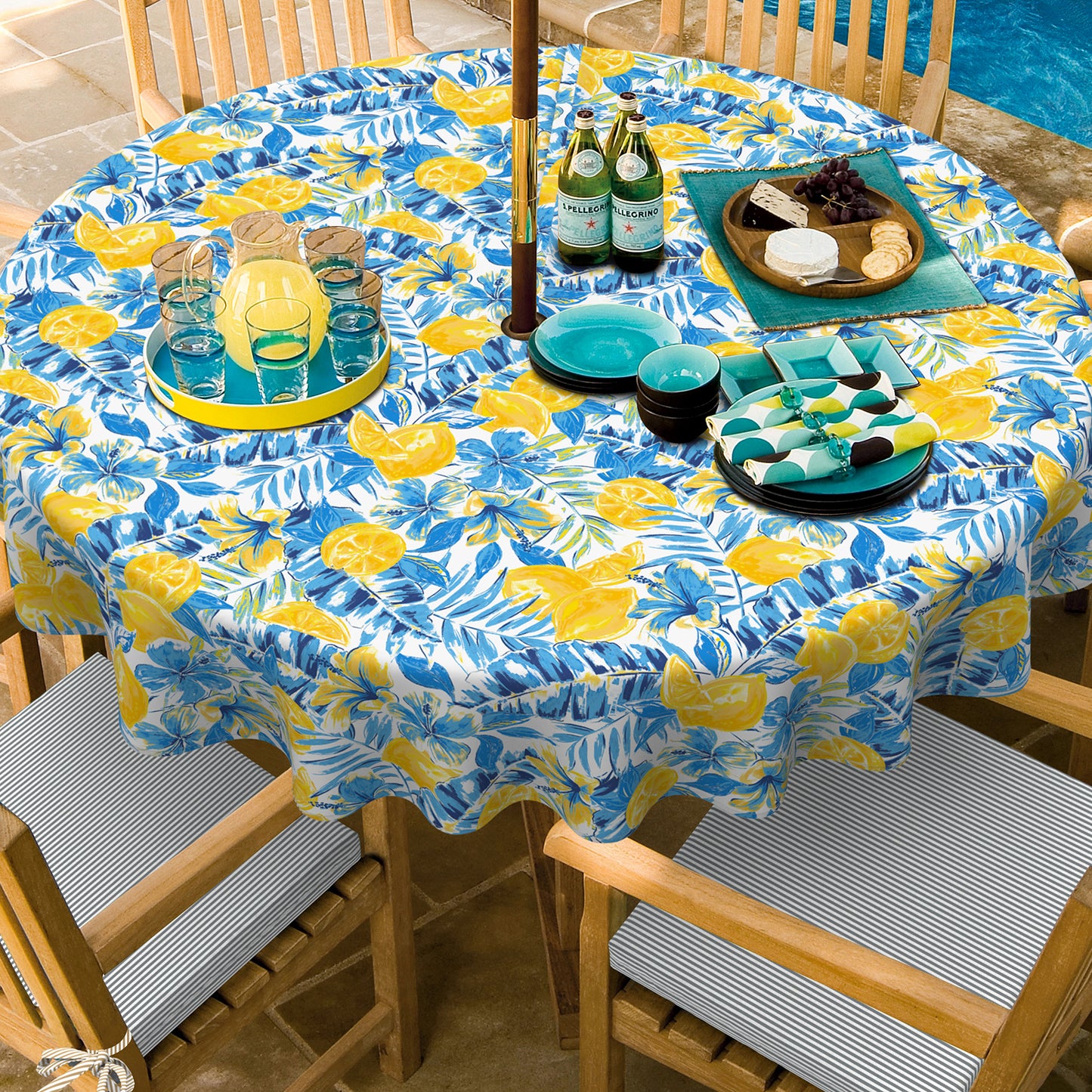 Melody Elephant Outdoor/Indoor Round Tablecloth with Umbrella Hole Zipper, Decorative Circular Table Cover for Home Garden, 60 Inch, Lemon Blossom Blue