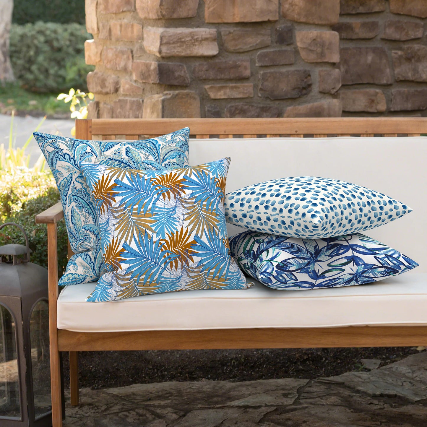 Melody Elephant Outdoor Throw Pillows with Inners, All Weather patio pillows set of 2, Square pillows Decorative for  home garden furniture, 20x20 Inch, Piermont Leaves Blue