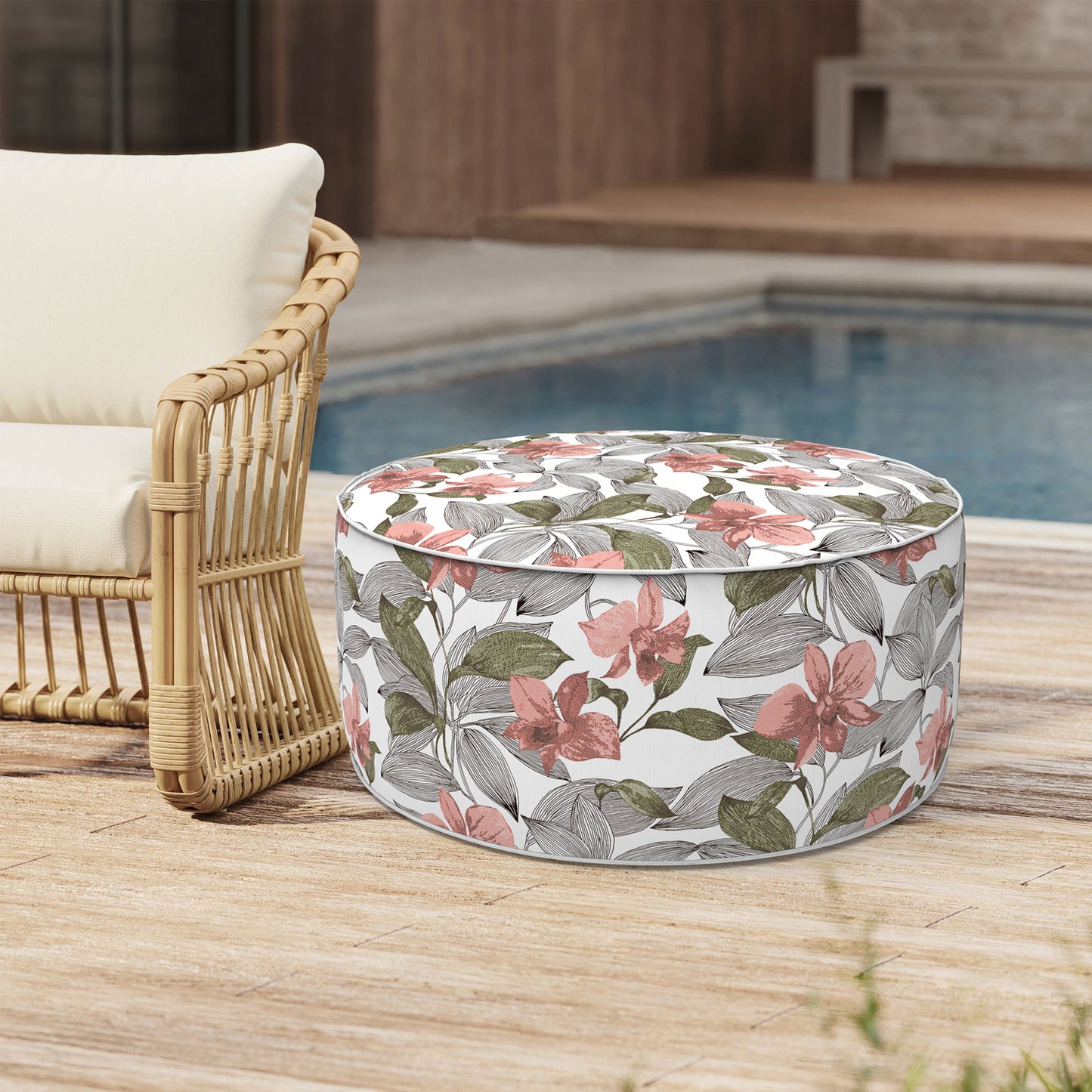 Outdoor Inflatable Stool Ottoman, All Weather Portable Footrest Stool, Furniture Stool Ottomans for Home Garden Beach, D31”xH14”, Clemens Noir Pink