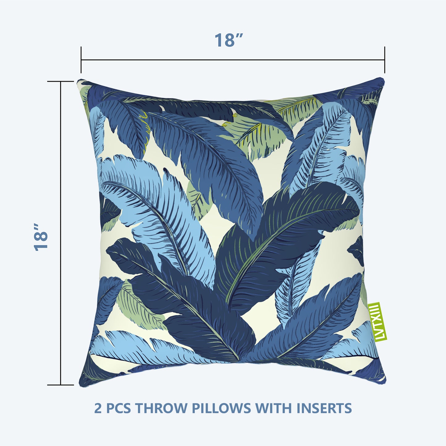 Melody Elephant Patio Throw Pillows with Inners, Fade Resistant Square Pillow Pack of 2, Decorative Garden Cushions for Home, 18x18 Inch, Swaying Palms Blue