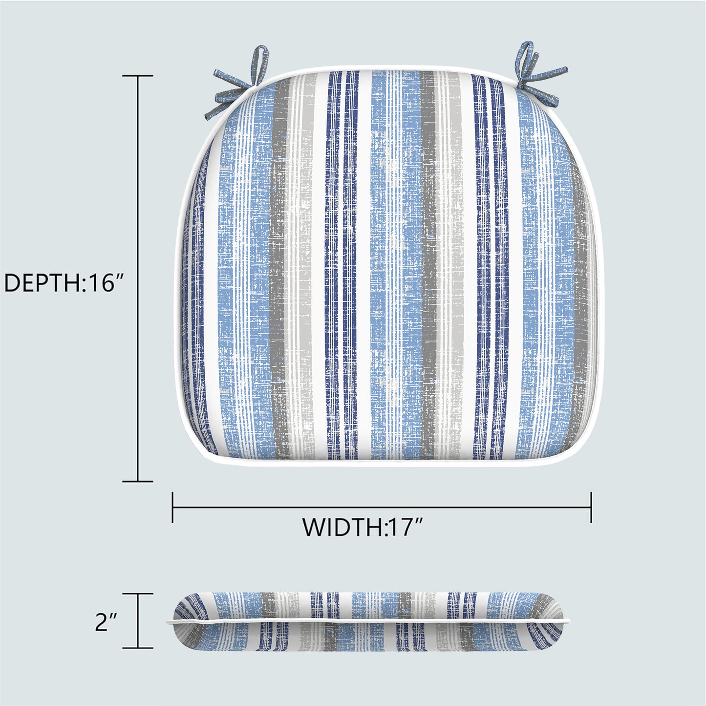 Melody Elephant Indoor/Outdoor Chair Cushions Set of 2, Fade Resistant Seat Cushions 16x17 Inch, Patio Chair Pads for Garden Home or Office Use, Stripe Layered Blue