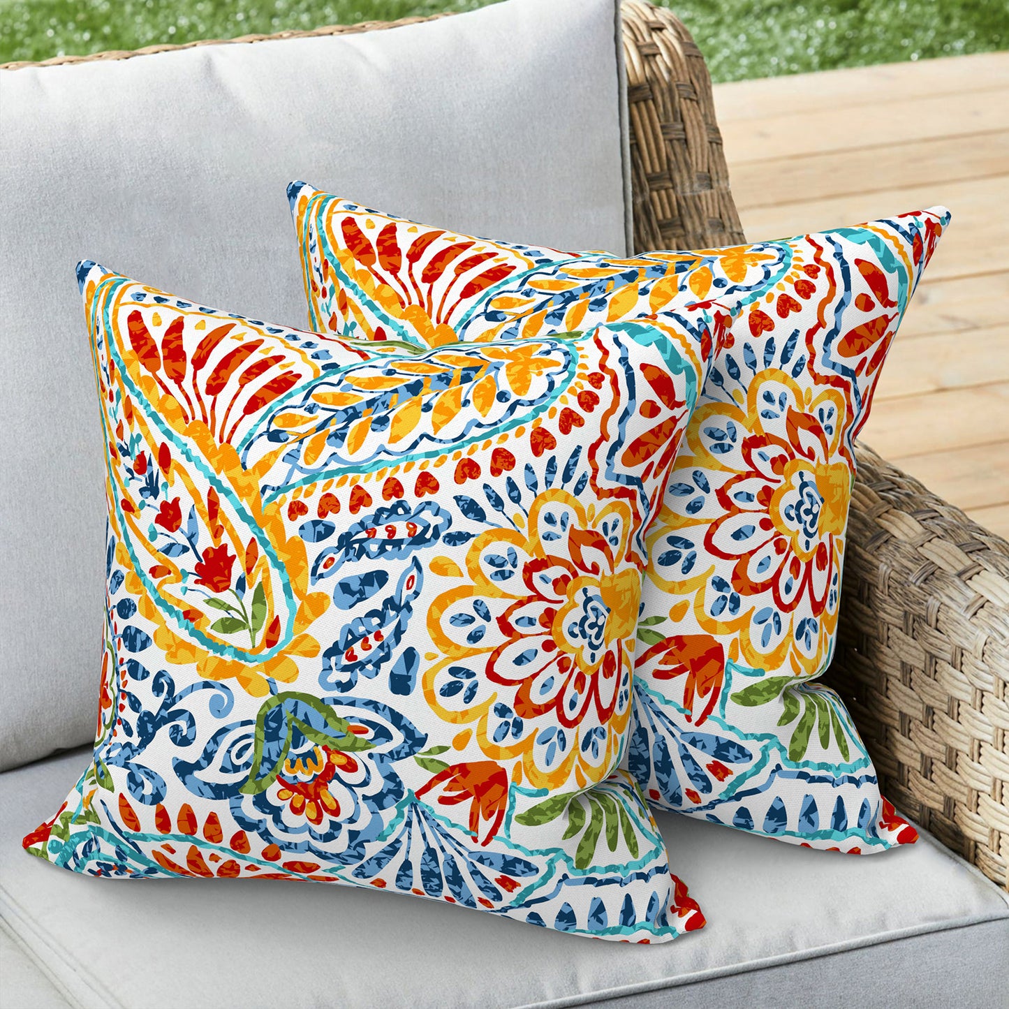 Melody Elephant Outdoor Throw Pillows with Inners, All Weather patio pillows set of 2, Square pillows Decorative for  home garden furniture, 20x20 Inch, Paisley Multi