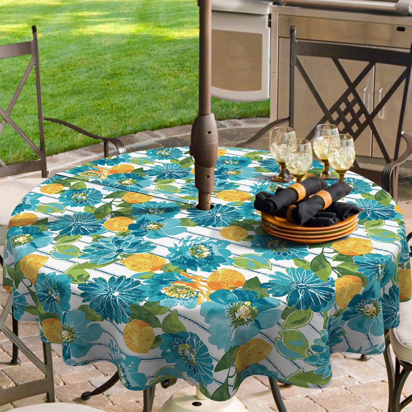 Melody Elephant Outdoor/Indoor Round Tablecloth with Umbrella Hole Zipper, Decorative Circular Table Cover for Home Garden, 60 Inch, Lotus Blue