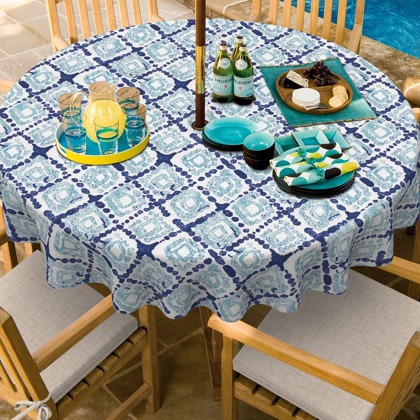 Melody Elephant Outdoor/Indoor Round Tablecloth with Umbrella Hole Zipper, Decorative Circular Table Cover for Home Garden, 60 Inch, Boho Geometry Blue