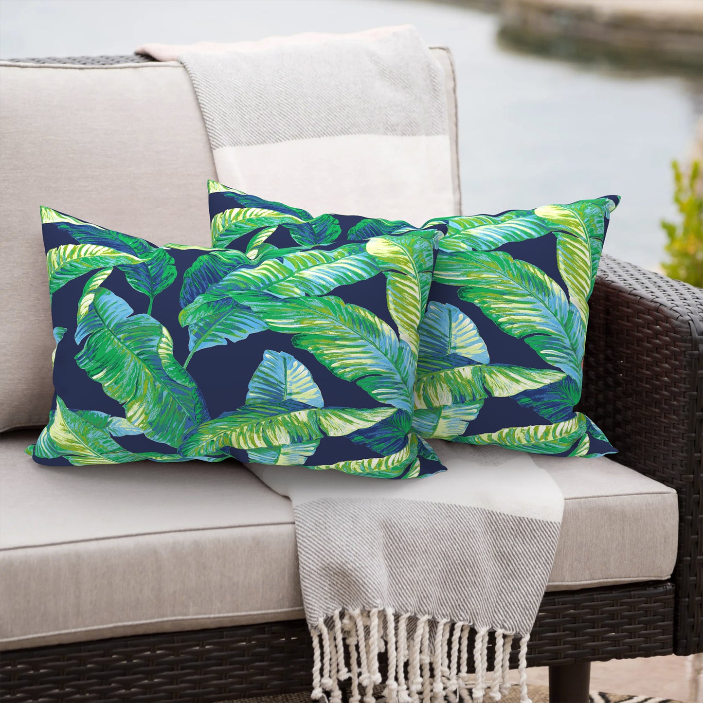 Melody Elephant Outdoor/Indoor Lumbar Pillows, Water Repellent Cushion Pillows, 12x20 Inch, Outdoor Pillows with Inserts for Home Garden, Pack of 2, Hanalei Lagoon