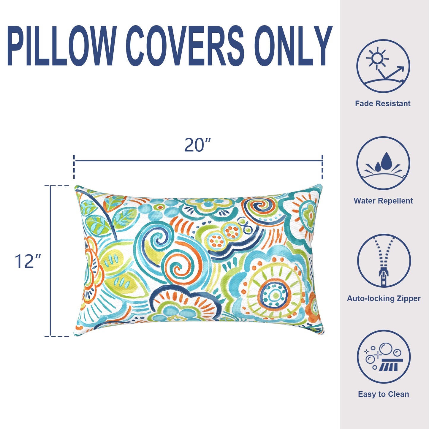 Melody Elephant Pack of 2 Outdoor Lumbar Pillow Covers, All Weather Cushion Pillow Cases 12x20 Inch, Pillowcase for Patio Couch Decoration, Flower Blue