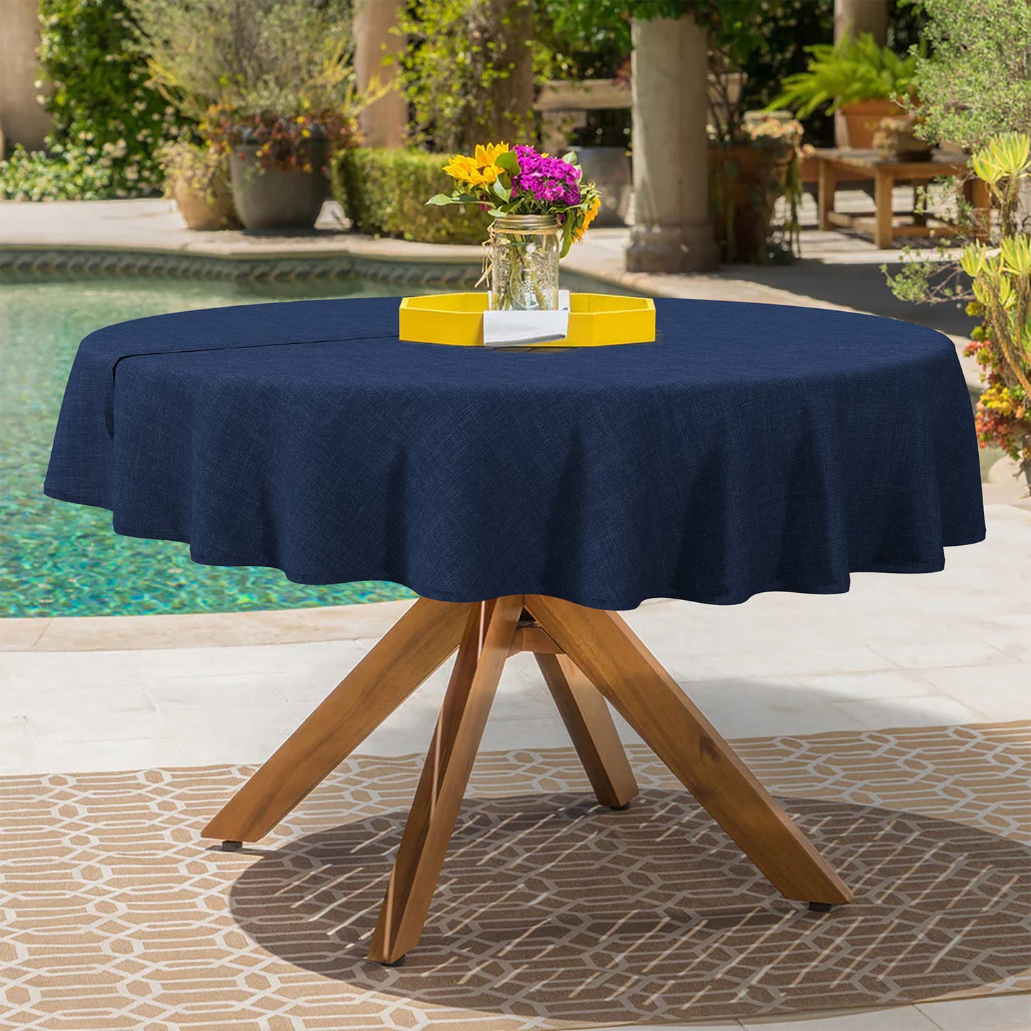 Melody Elephant Outdoor/Indoor Round Tablecloth with Umbrella Hole Zipper, Decorative Circular Table Cover for Home Garden, 60 Inch, Textured Navy