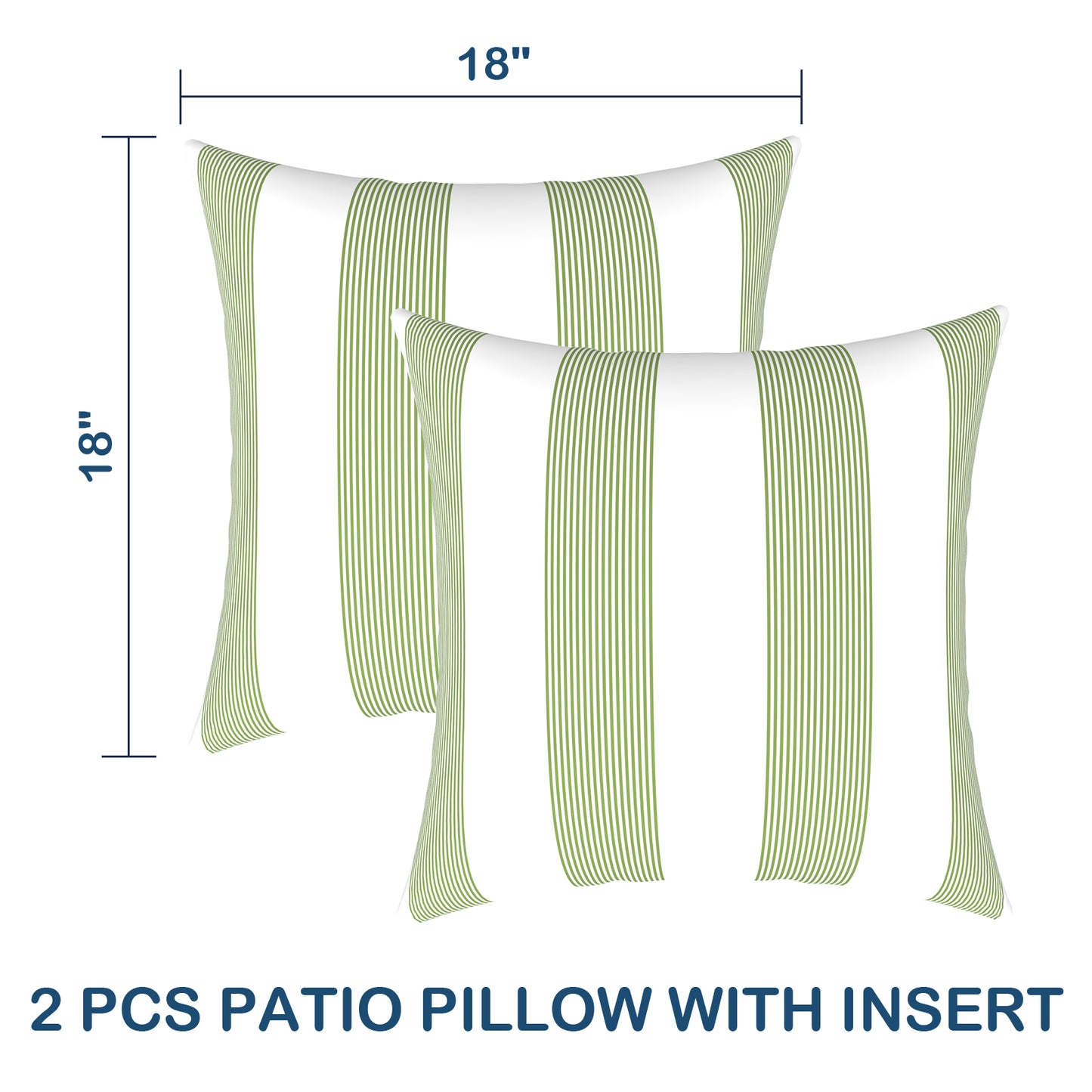 Melody Elephant Patio Throw Pillows with Inners, Fade Resistant Square Pillow Pack of 2, Decorative Garden Cushions for Home, 18x18 Inch, Stripe Cabana Green