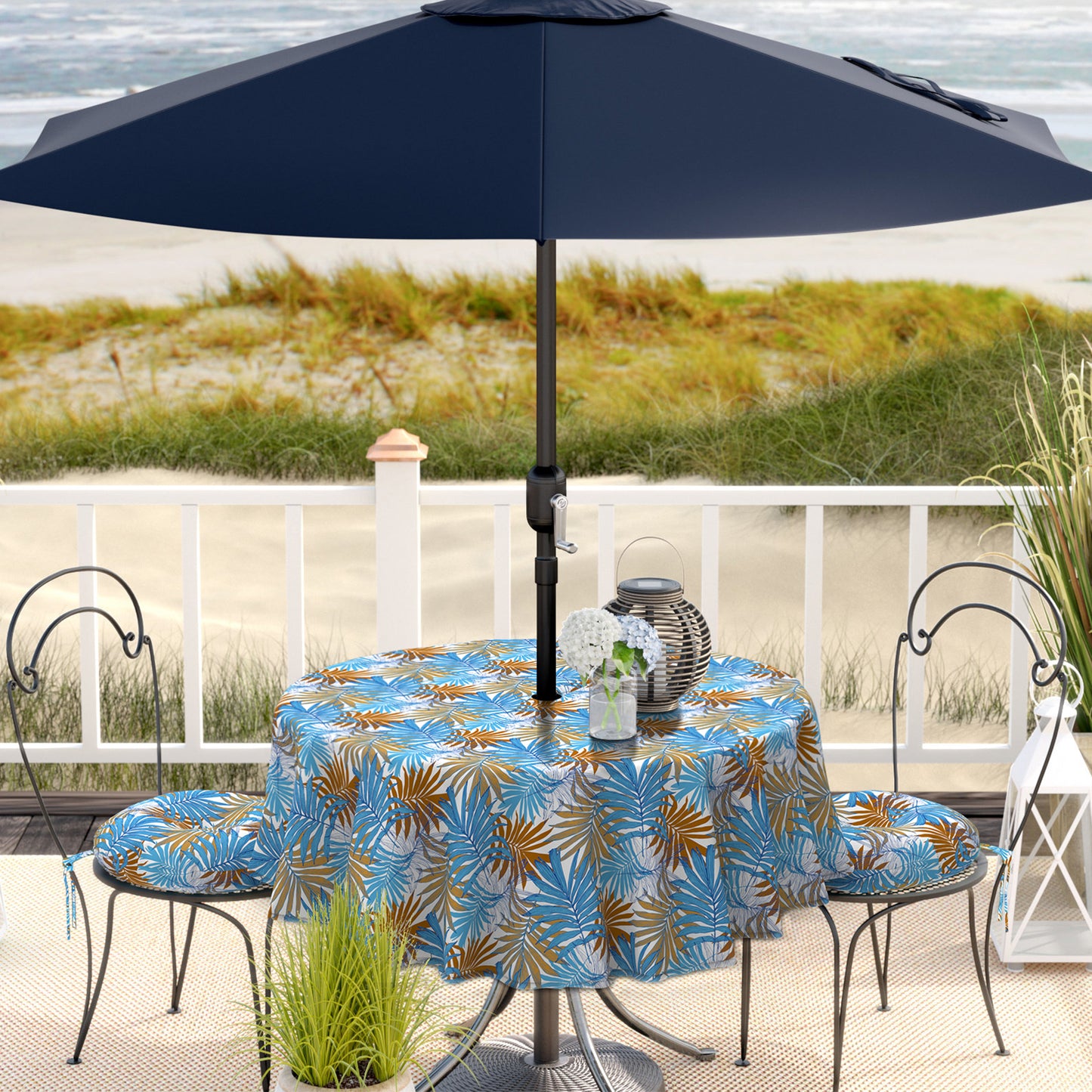Melody Elephant Outdoor/Indoor Round Tablecloth with Umbrella Hole Zipper, Decorative Circular Table Cover for Home Garden, 60 Inch, Piermont Leaves Blue