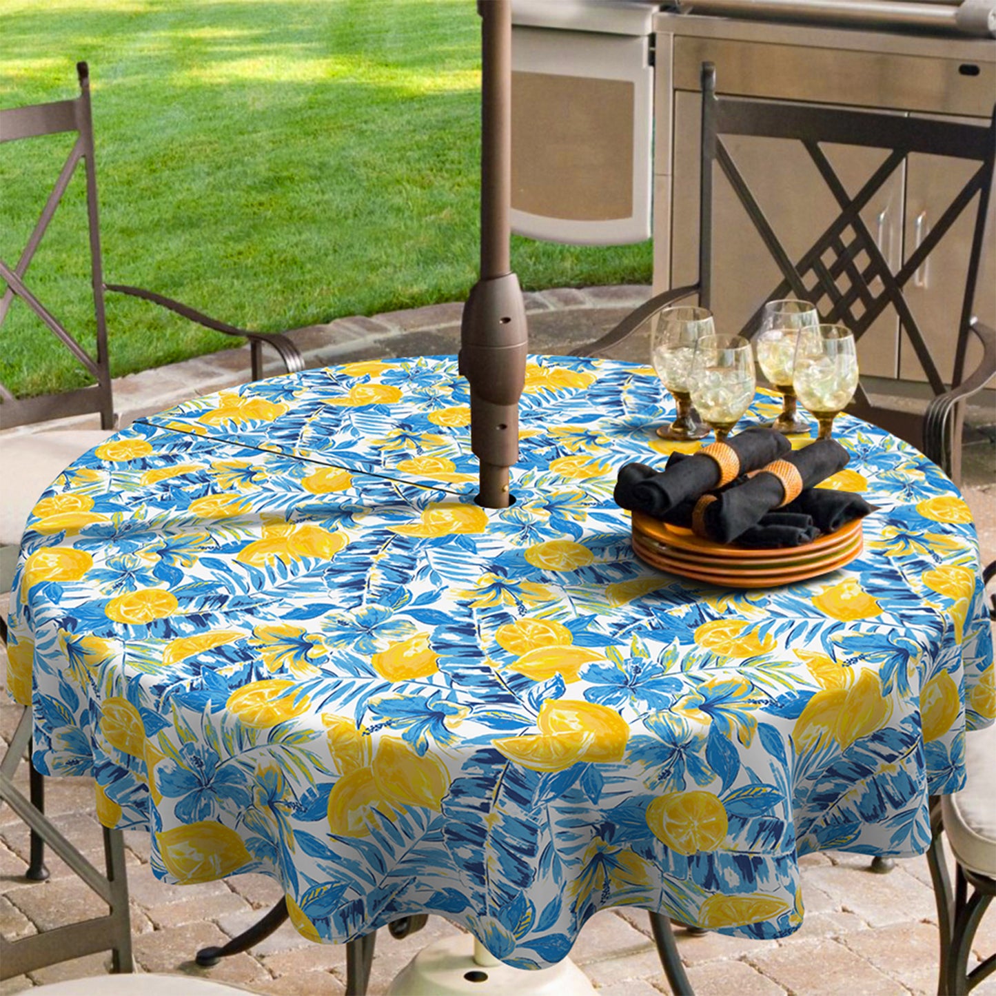 Melody Elephant Outdoor/Indoor Round Tablecloth with Umbrella Hole Zipper, Decorative Circular Table Cover for Home Garden, 60 Inch, Lemon Blossom Blue