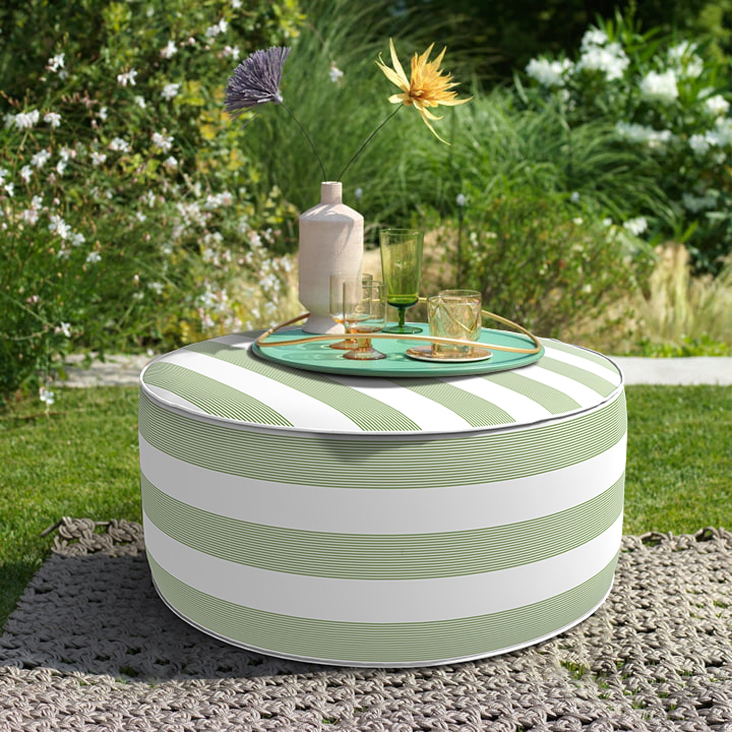 Outdoor Inflatable Stool Ottoman, All Weather Portable Footrest Stool, Furniture Stool Ottomans for Home Garden Beach, D31”xH14”, Stripe Cabana Green