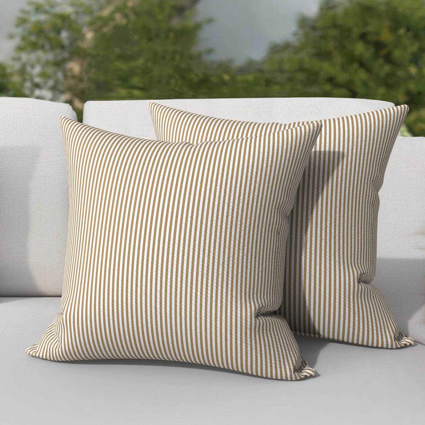 Melody Elephant Patio Throw Pillows with Inners, Fade Resistant Square Pillow Pack of 2, Decorative Garden Cushions for Home, 18x18 Inch, Stripe Beige