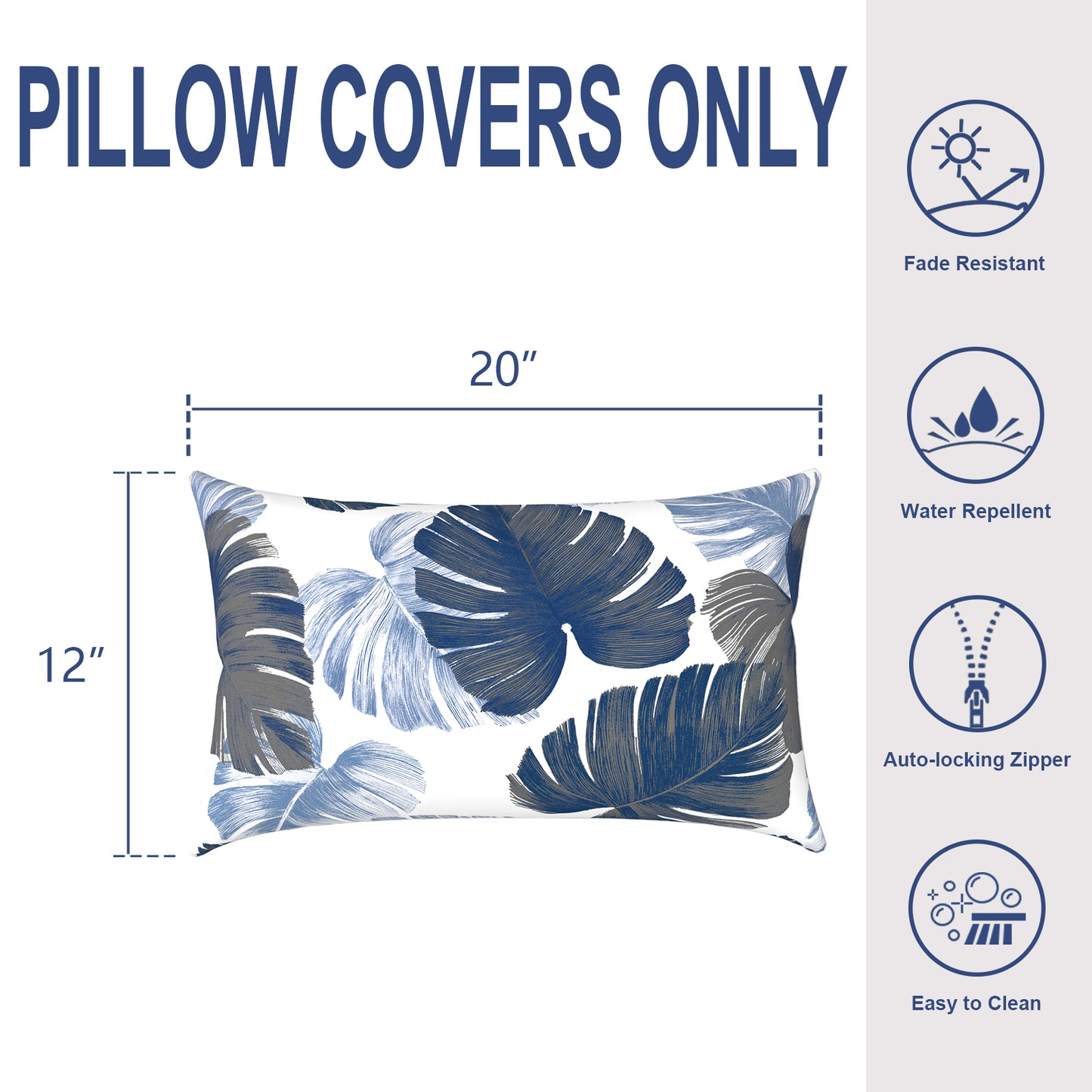 Melody Elephant Pack of 2 Outdoor Lumbar Pillow Covers, All Weather Cushion Pillow Cases 12x20 Inch, Pillowcase for Patio Couch Decoration, Monstera Blue
