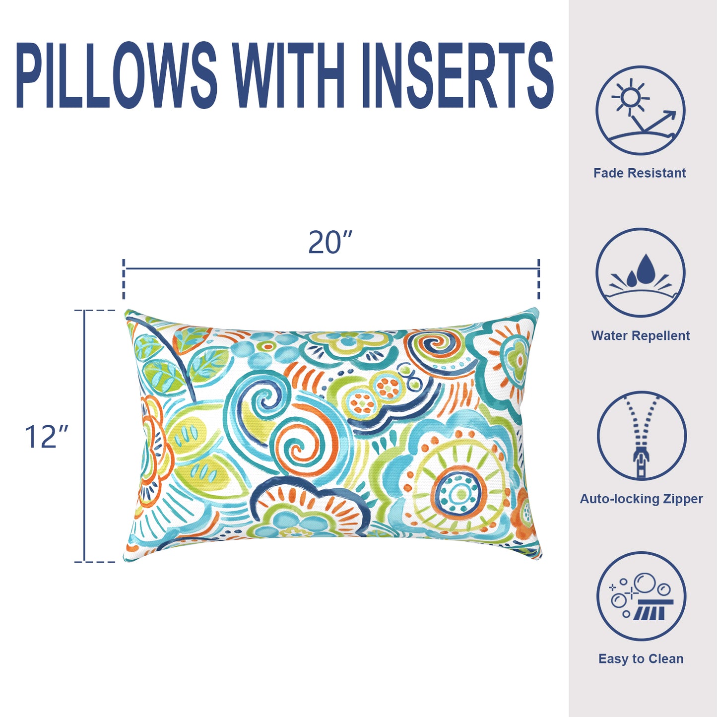 Melody Elephant Outdoor/Indoor Lumbar Pillows, Water Repellent Cushion Pillows, 12x20 Inch, Outdoor Pillows with Inserts for Home Garden, Pack of 2, Flower Blue