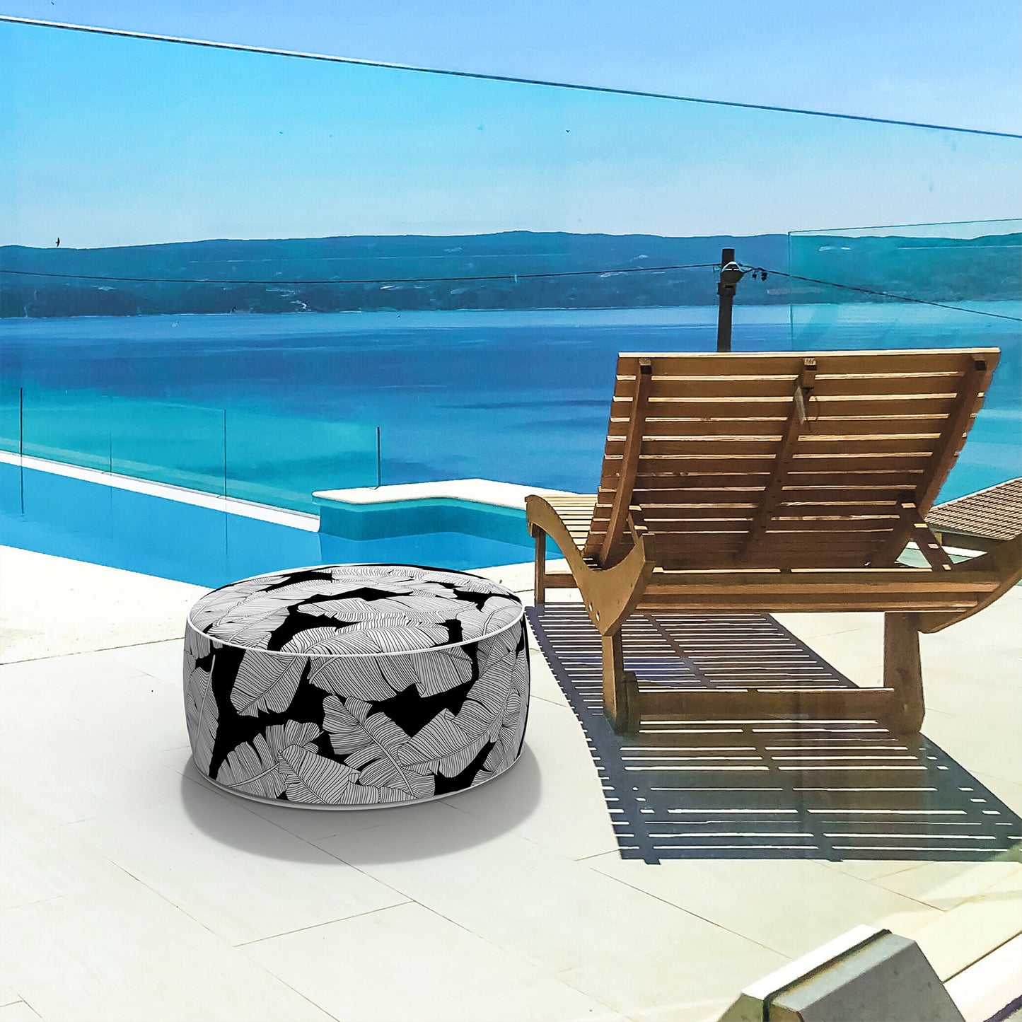 Melody Elephant Patio Inflatable Ottoman, 21x9 Inch Portable Stool Ottoman with Handle, Outdoor Round Footrest Stool for Garden Camping, Black Leaves