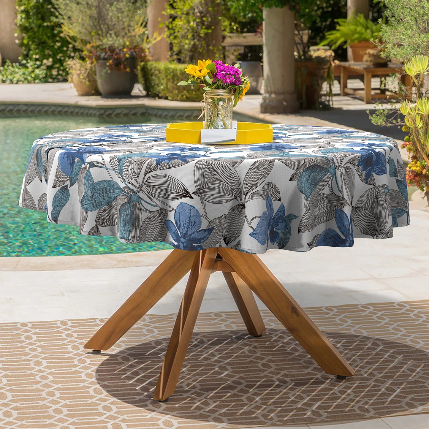 Melody Elephant Outdoor/Indoor Round Tablecloth with Umbrella Hole Zipper, Decorative Circular Table Cover for Home Garden, 60 Inch, Clemens Blue