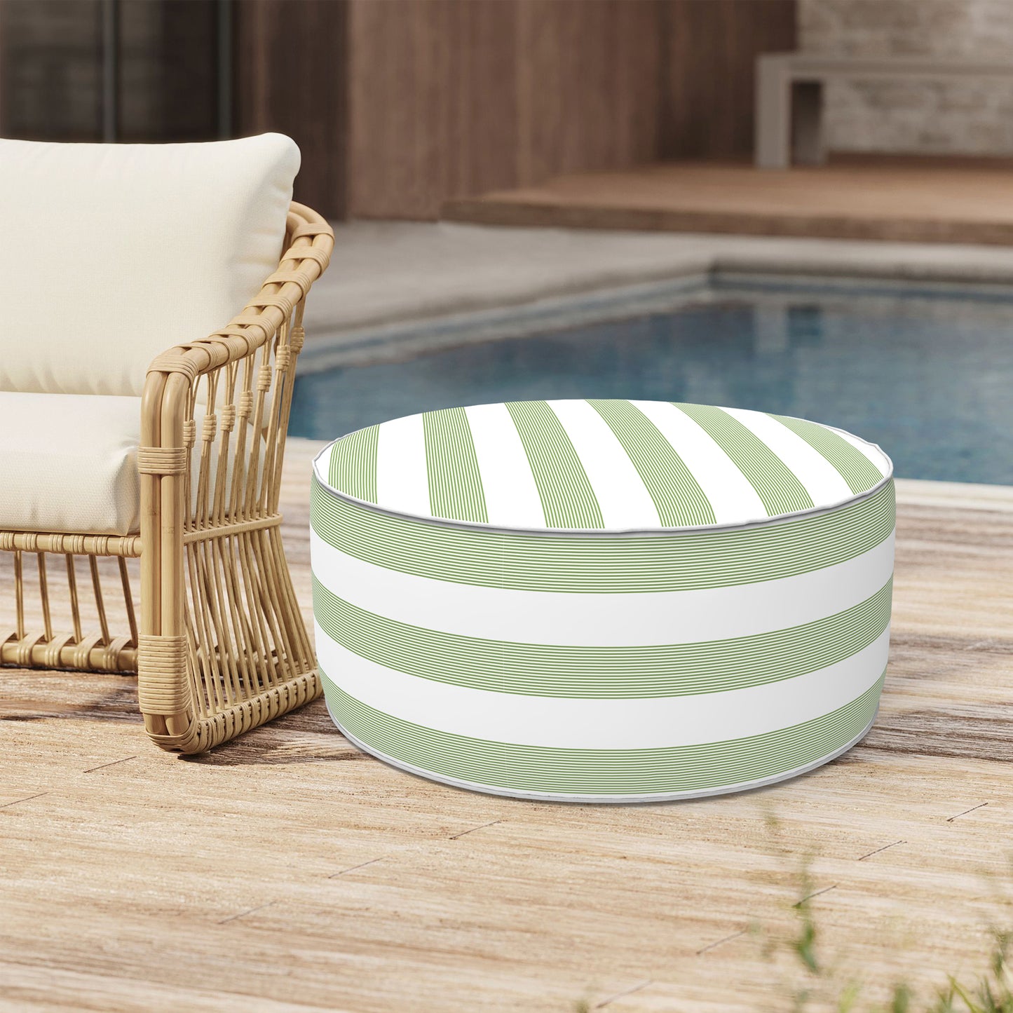 Outdoor Inflatable Stool Ottoman, All Weather Portable Footrest Stool, Furniture Stool Ottomans for Home Garden Beach, D31”xH14”, Stripe Cabana Green