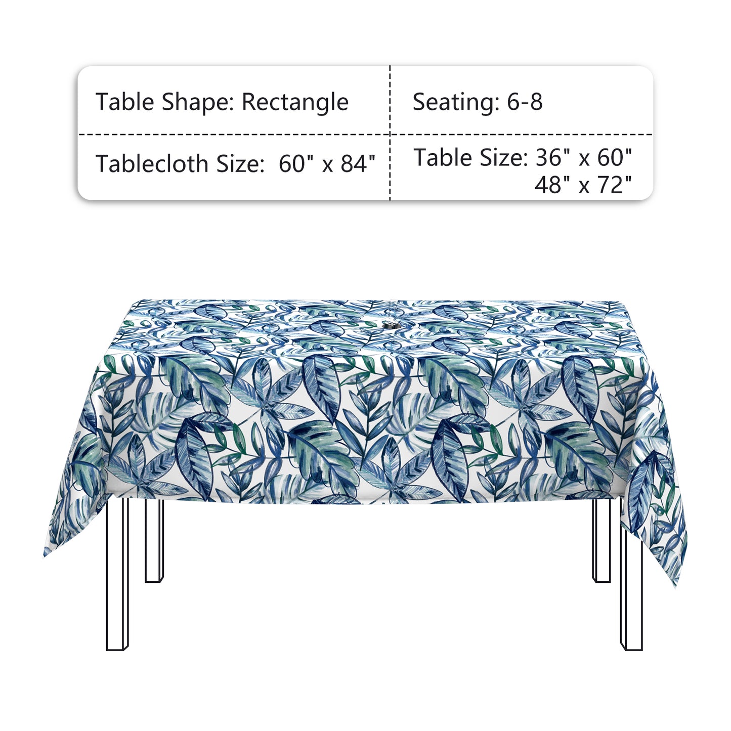 Melody Elephant Outdoor Rectangle Tablecloth, 60×84 Inch Water Repellent Picnic Table Cover with Umbrella Hole Zipper for Patio Family Meal, Leaves Ink Blue