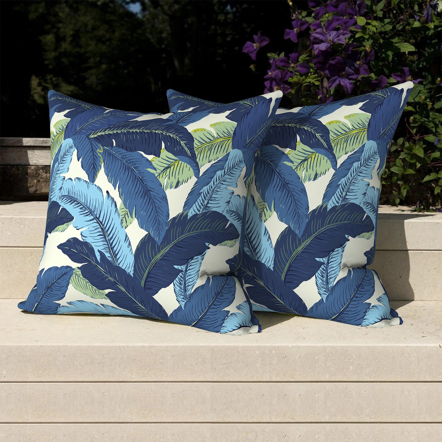 Melody Elephant Outdoor Throw Pillows with Inners, All Weather patio pillows set of 2, Square pillows Decorative for  home garden furniture, 20x20 Inch, Swaying Palms Blue