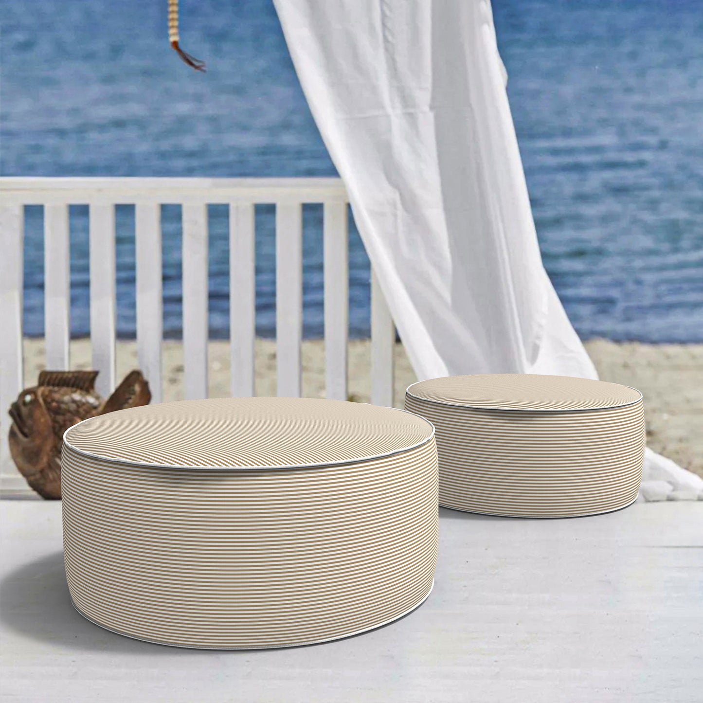 Outdoor Inflatable Stool Ottoman, All Weather Portable Footrest Stool, Furniture Stool Ottomans for Home Garden Beach, D31”xH14”, Stripe Beige
