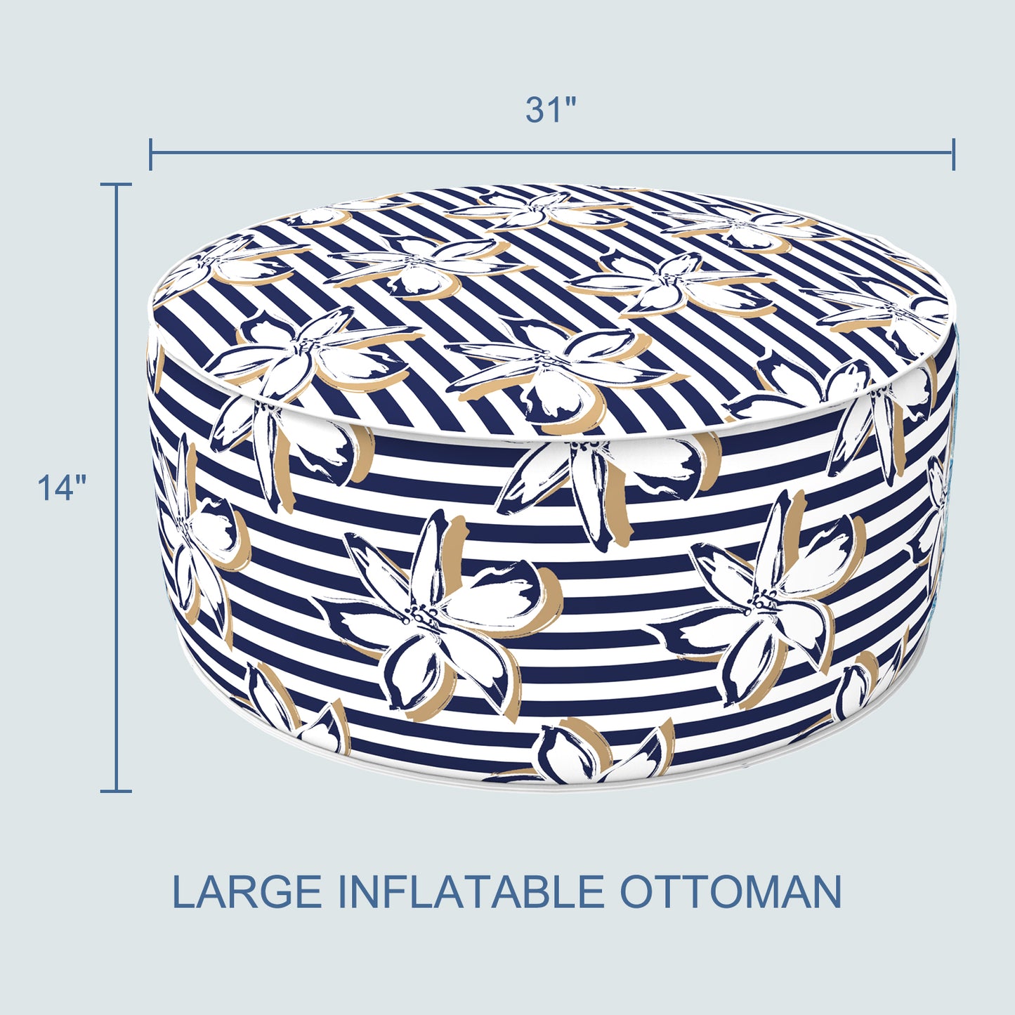Outdoor Inflatable Stool Ottoman, All Weather Portable Footrest Stool, Furniture Stool Ottomans for Home Garden Beach, D31”xH14”, Clemens Cabana Navy