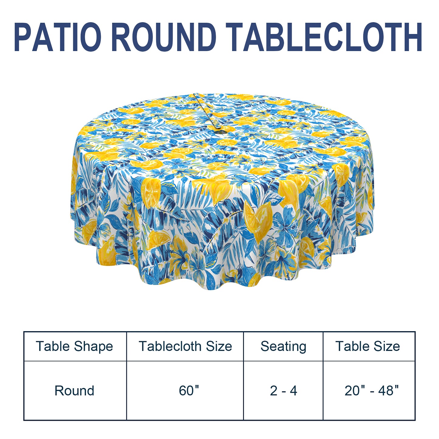 Melody Elephant Outdoor/Indoor Round Tablecloth with Umbrella Hole Zipper, Decorative Circular Table Cover for Home Garden, 60 Inch, Lemon Blossom Blue