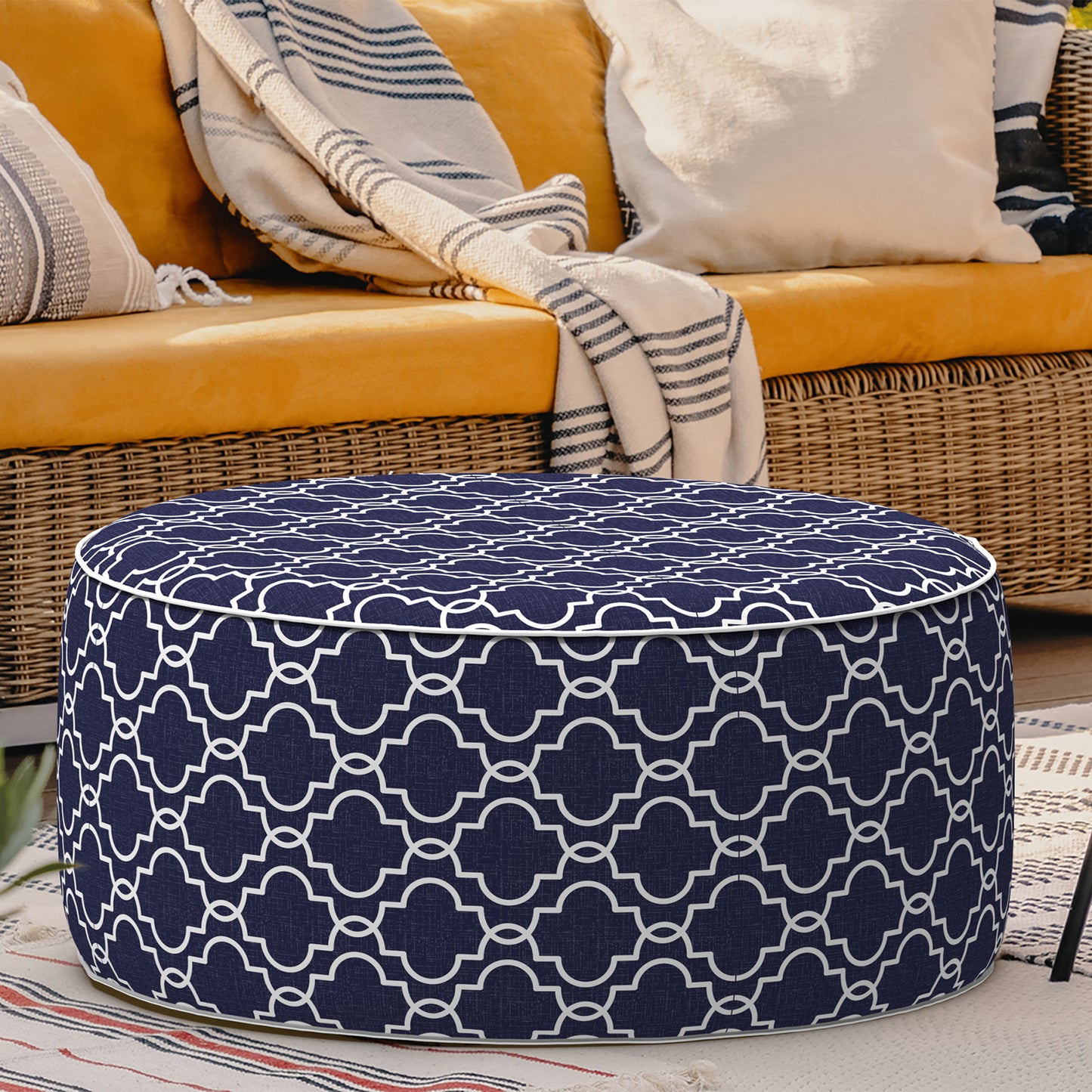Outdoor Inflatable Stool Ottoman, All Weather Portable Footrest Stool, Furniture Stool Ottomans for Home Garden Beach, D31”xH14”, Carmody Navy
