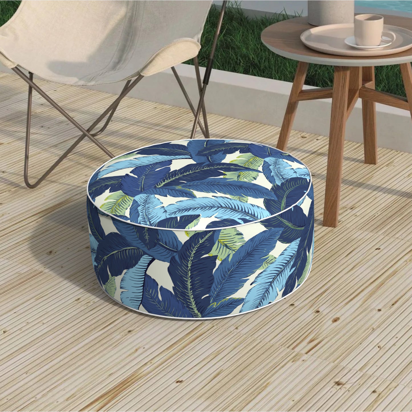 Melody Elephant Patio Inflatable Ottoman, 21x9 Inch Portable Stool Ottoman with Handle, Outdoor Round Footrest Stool for Garden Camping, Swaying Palms Blue