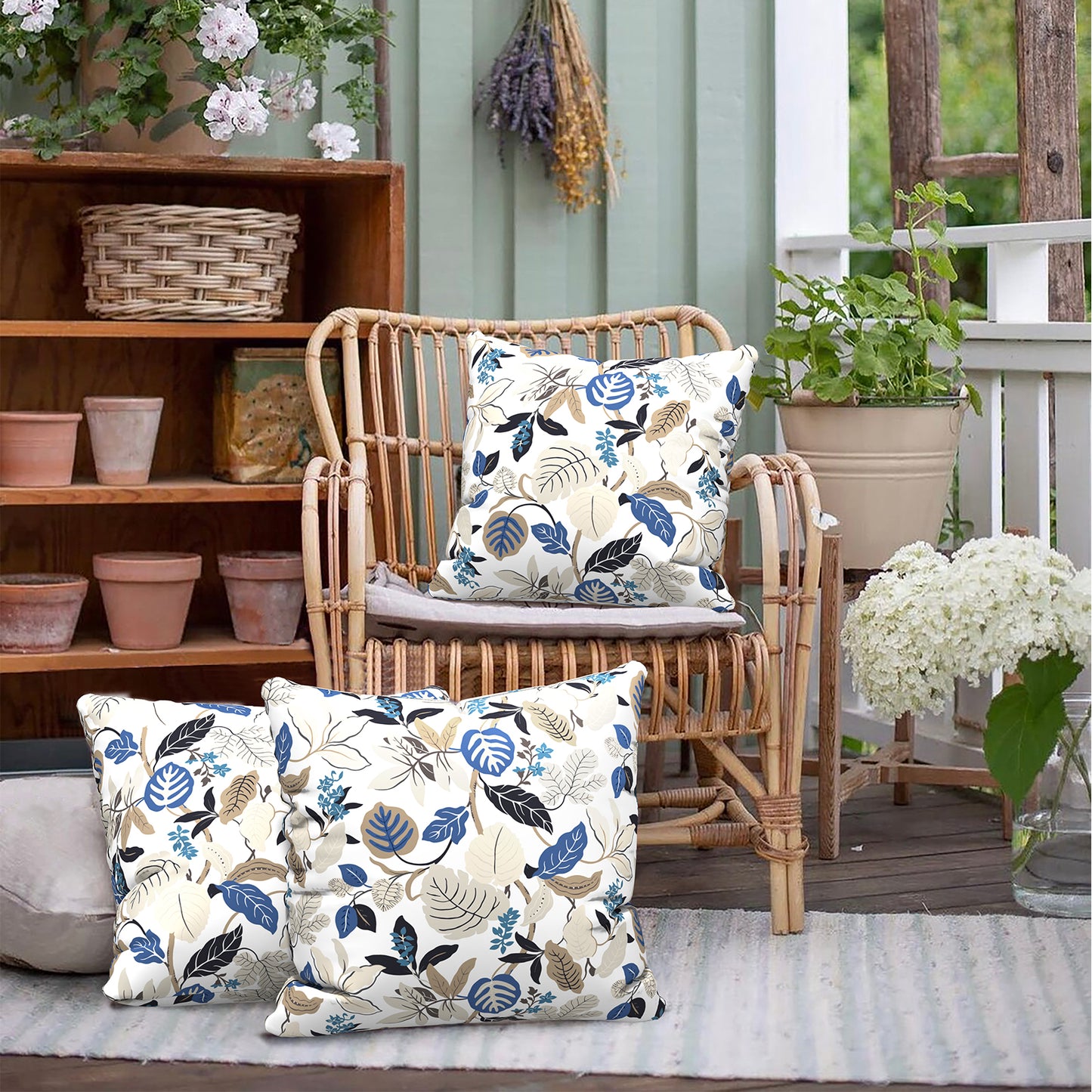 Melody Elephant Outdoor Throw Pillows with Inners, All Weather patio pillows set of 2, Square pillows Decorative for  home garden furniture, 20x20 Inch, Breeze Leaves Beige
