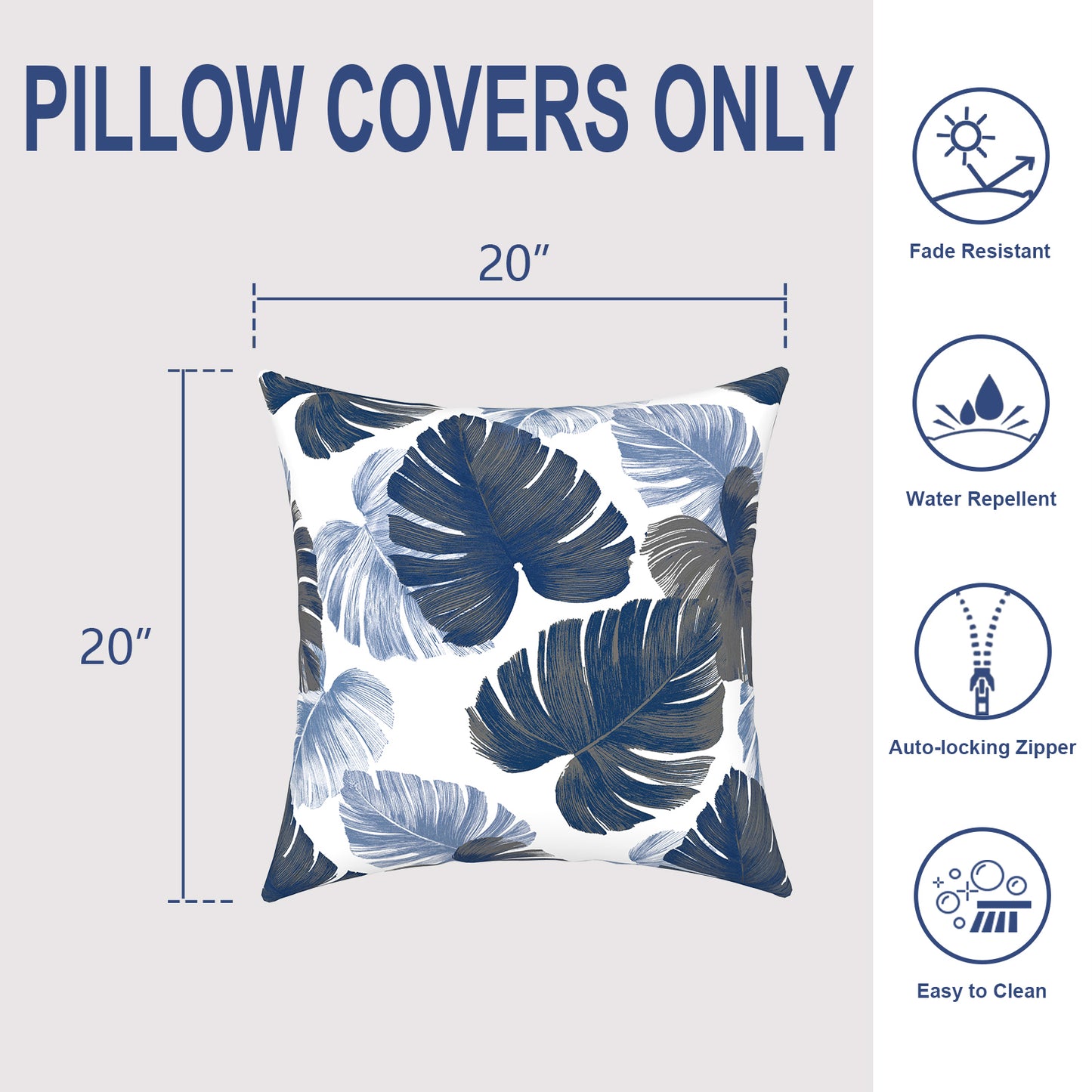 Melody Elephant Pack of 2 Patio Throw Pillow Covers ONLY, Water Repellent Cushion Cases 20x20 Inch, Square Pillowcases for Outdoor Couch Decoration, Monstera Blue