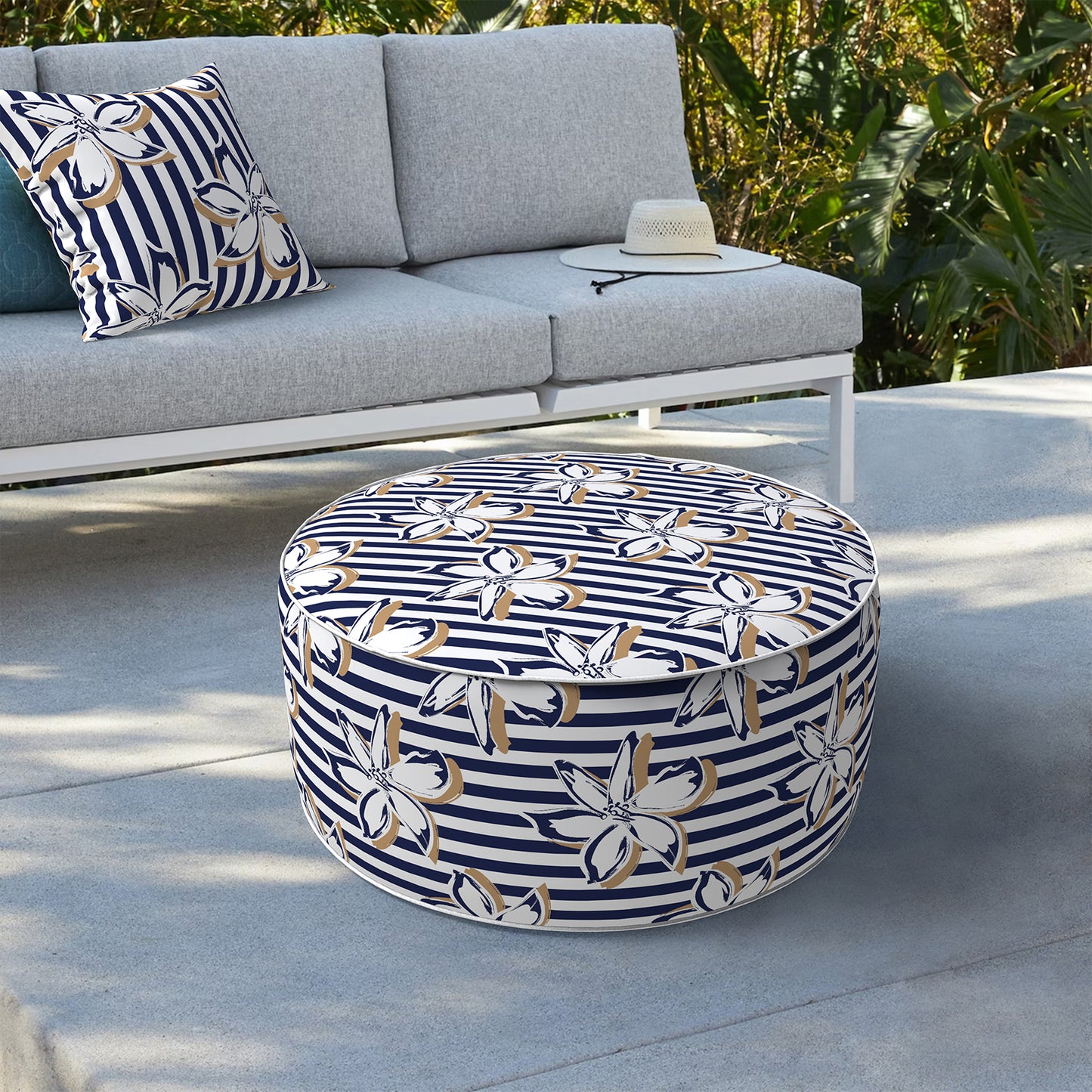 Outdoor Inflatable Stool Ottoman, All Weather Portable Footrest Stool, Furniture Stool Ottomans for Home Garden Beach, D31”xH14”, Clemens Cabana Navy