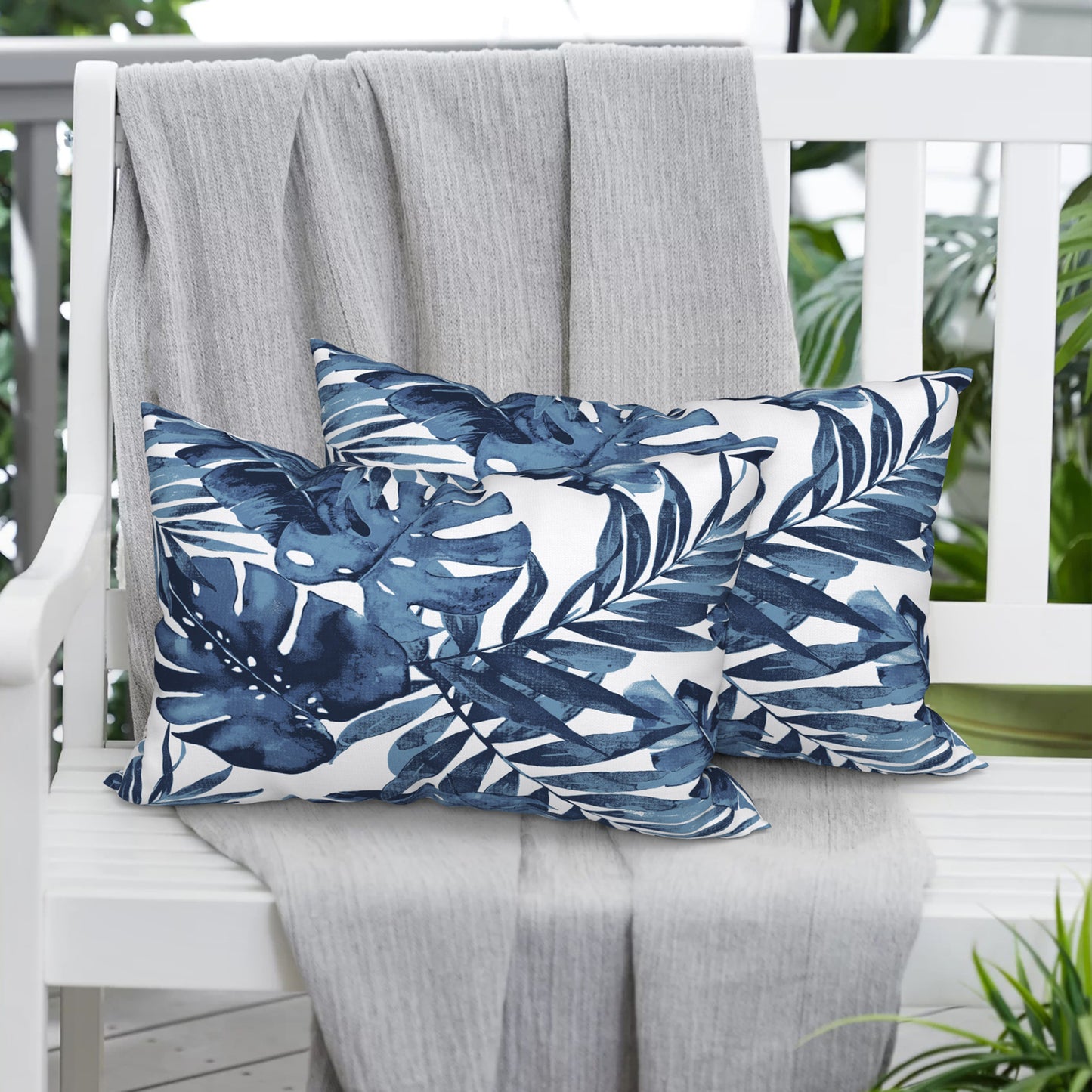 Melody Elephant Pack of 2 Outdoor Lumbar Pillow Covers, All Weather Cushion Pillow Cases 12x20 Inch, Pillowcase for Patio Couch Decoration, Palm Blue