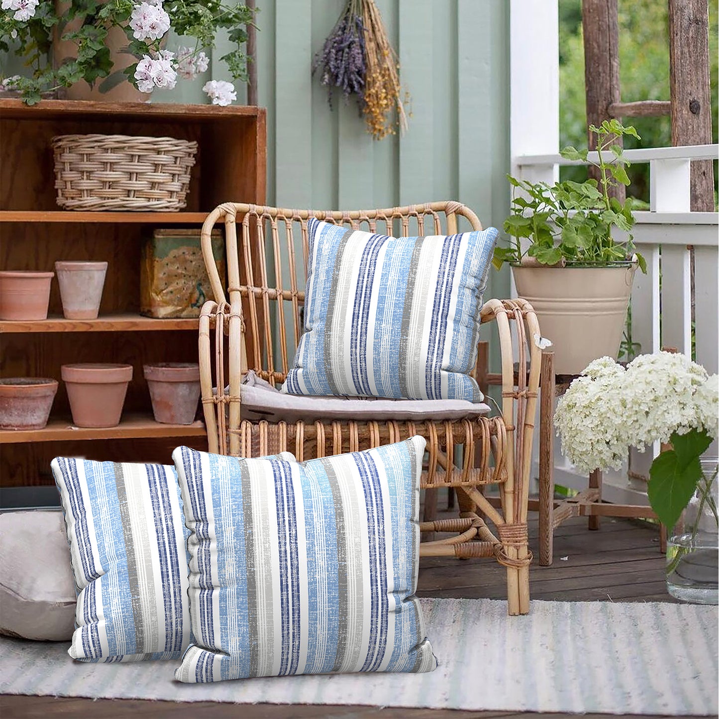 Melody Elephant Outdoor/Indoor Throw Pillow Covers Set of 2, All Weather Square Pillow Cases 16x16 Inch, Patio Cushion Pillow of Home Furniture Use, Stripe Layered Blue