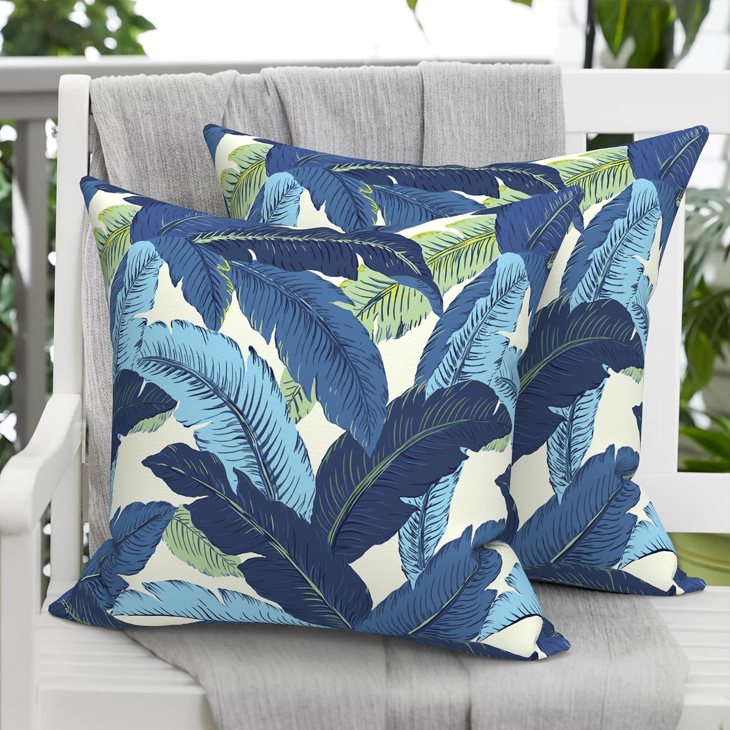 Melody Elephant Outdoor Throw Pillows with Inners, All Weather patio pillows set of 2, Square pillows Decorative for  home garden furniture, 20x20 Inch, Swaying Palms Blue