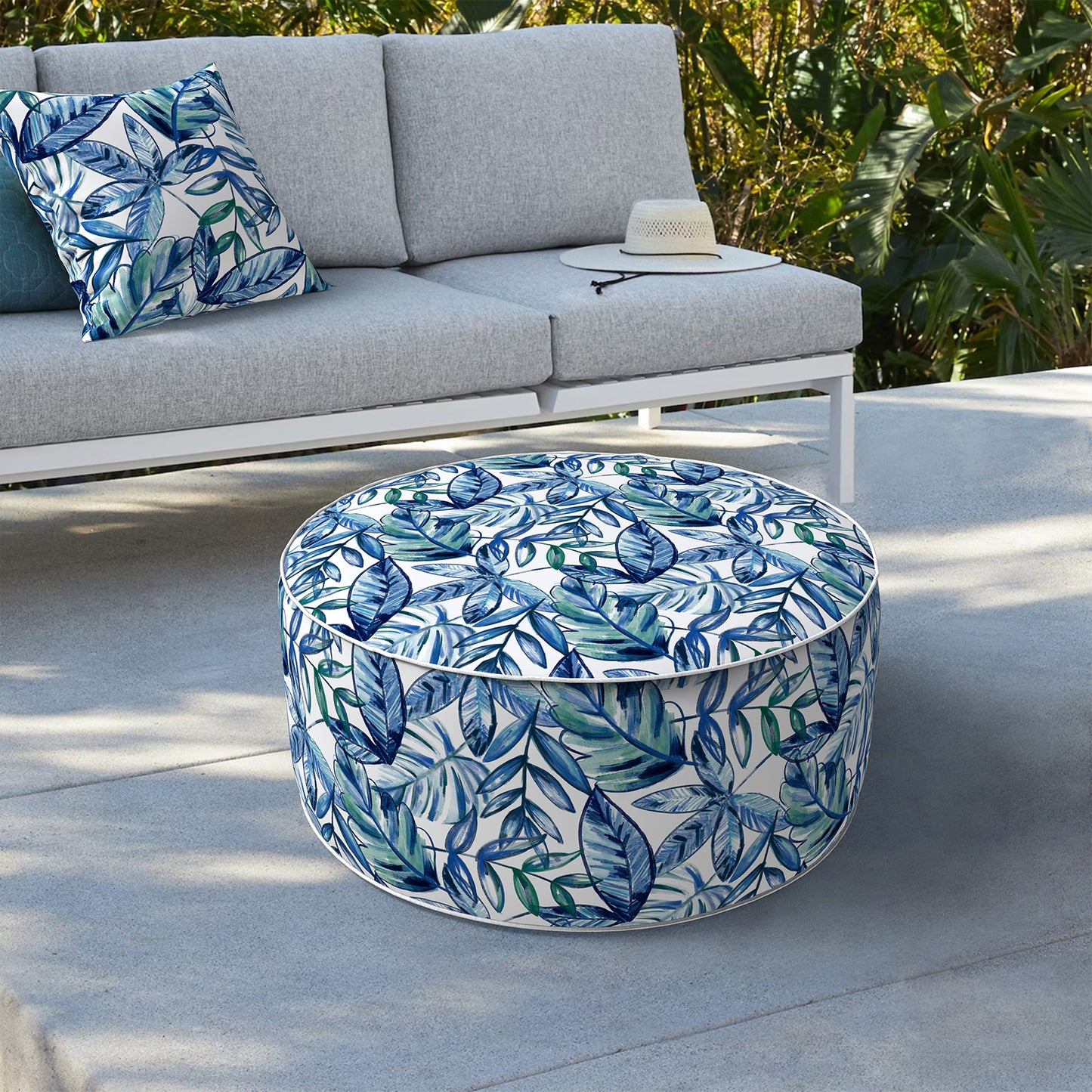 Outdoor Inflatable Stool Ottoman, All Weather Portable Footrest Stool, Furniture Stool Ottomans for Home Garden Beach, D31”xH14”, Leaves Ink Blue