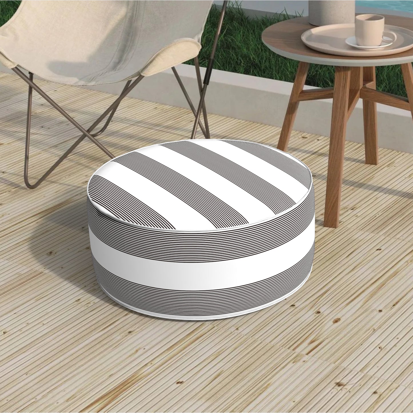 Melody Elephant Patio Inflatable Ottoman, 21x9 Inch Portable Stool Ottoman with Handle, Outdoor Round Footrest Stool for Garden Camping, Stripe Cabana Black