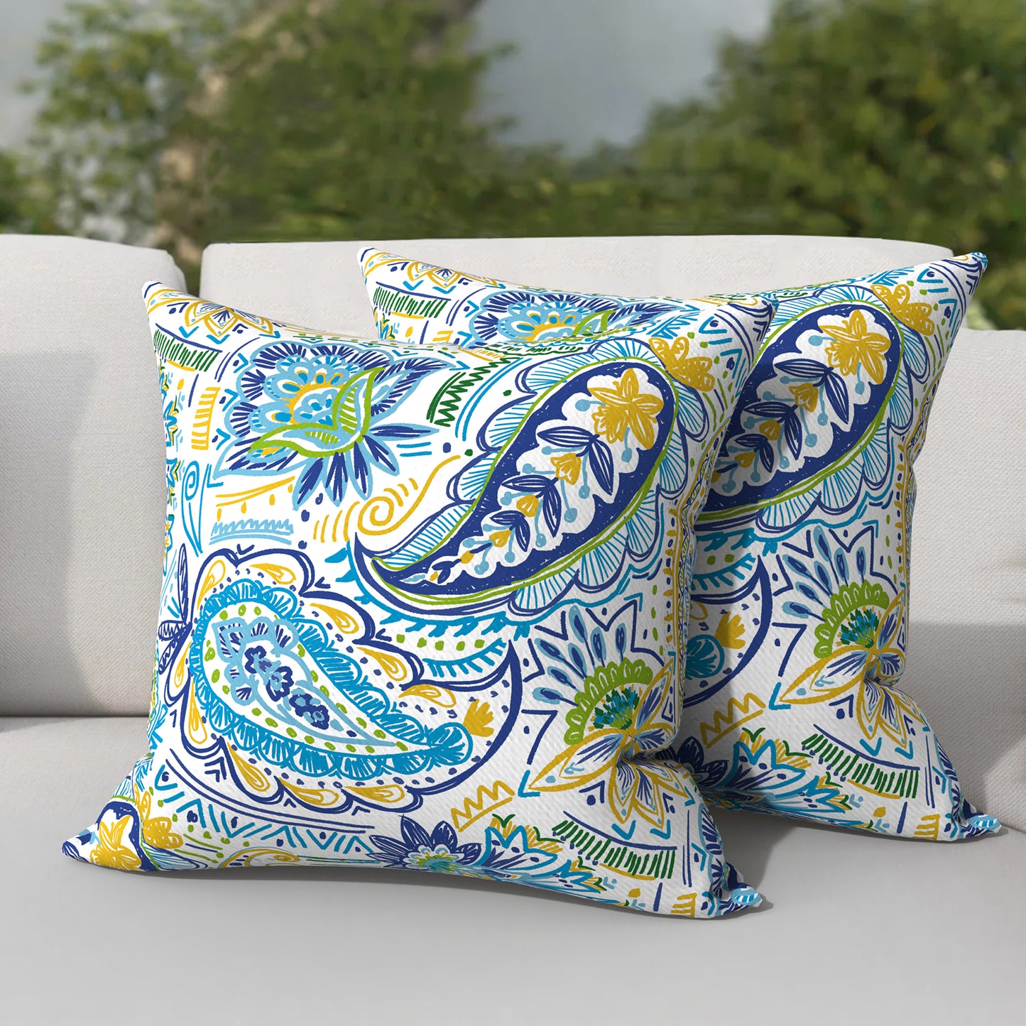 Melody Elephant Outdoor Throw Pillow Covers Pack of 2, Decorative Water Repellent Square Pillow Cases 18x18 Inch, Patio Pillowcases for Home Patio Furniture Use, Blue Paisley