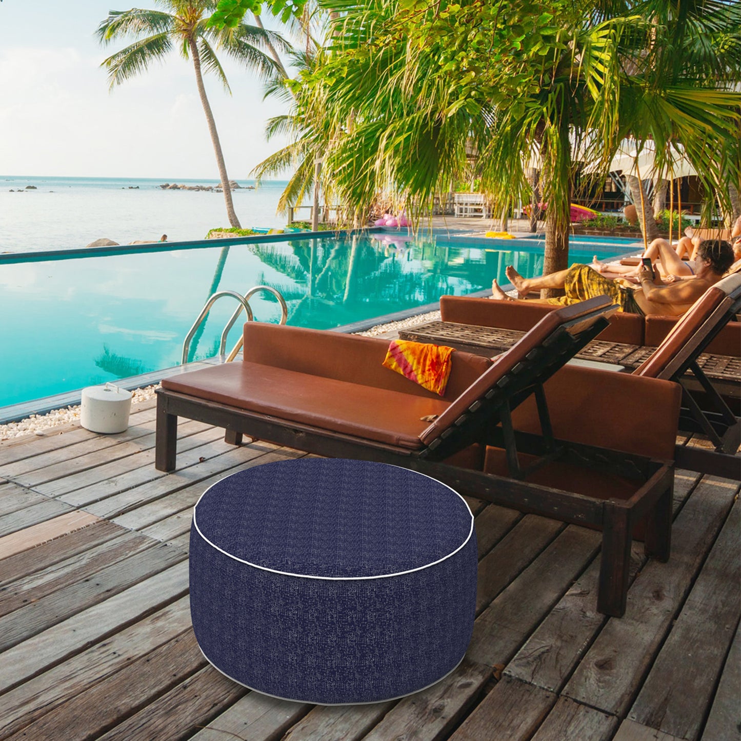 Outdoor Inflatable Stool Ottoman, All Weather Portable Footrest Stool, Furniture Stool Ottomans for Home Garden Beach, D31”xH14”, Rave Indigo