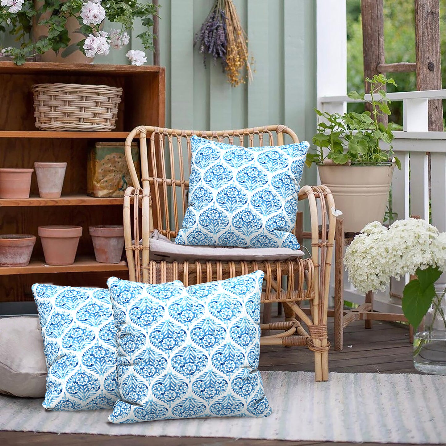 Melody Elephant Outdoor Throw Pillows with Inners, All Weather patio pillows set of 2, Square pillows Decorative for  home garden furniture, 20x20 Inch, Celadon Geometric