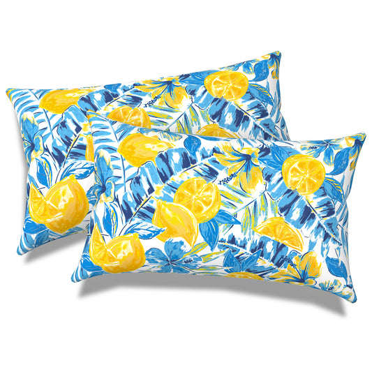 Melody Elephant Pack of 2 Outdoor Lumbar Pillow Covers, All Weather Cushion Pillow Cases 12x20 Inch, Pillowcase for Patio Couch Decoration, Lemon Blossom Blue