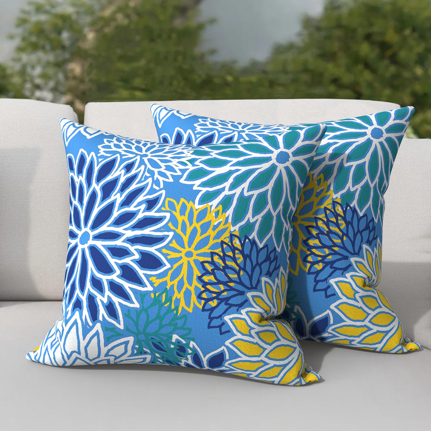 Melody Elephant Patio Throw Pillows with Inners, Fade Resistant Square Pillow Pack of 2, Decorative Garden Cushions for Home, 18x18 Inch, Dahlia Blue